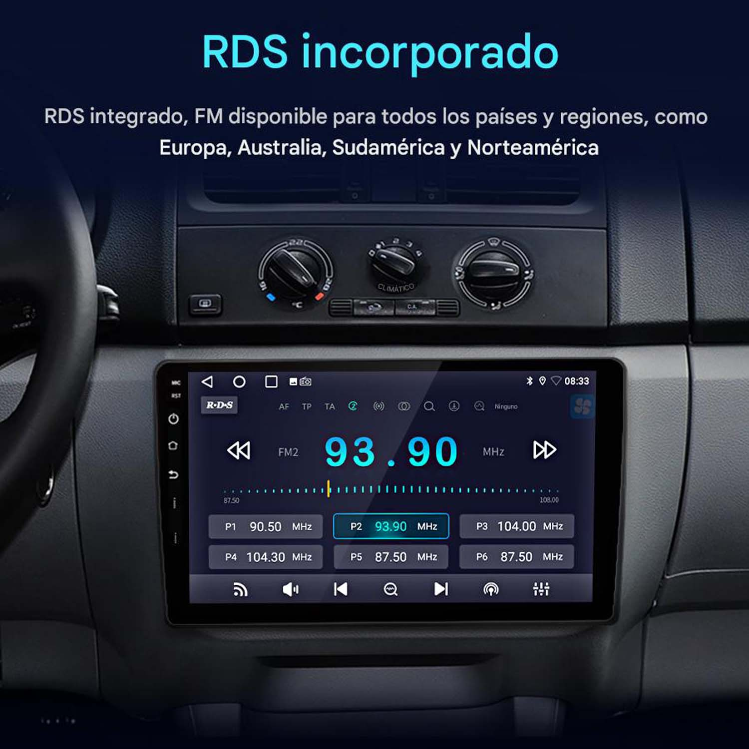 Panel del coche mostrando una pantalla de radio con información de radio FM y frecuencia, con botones.