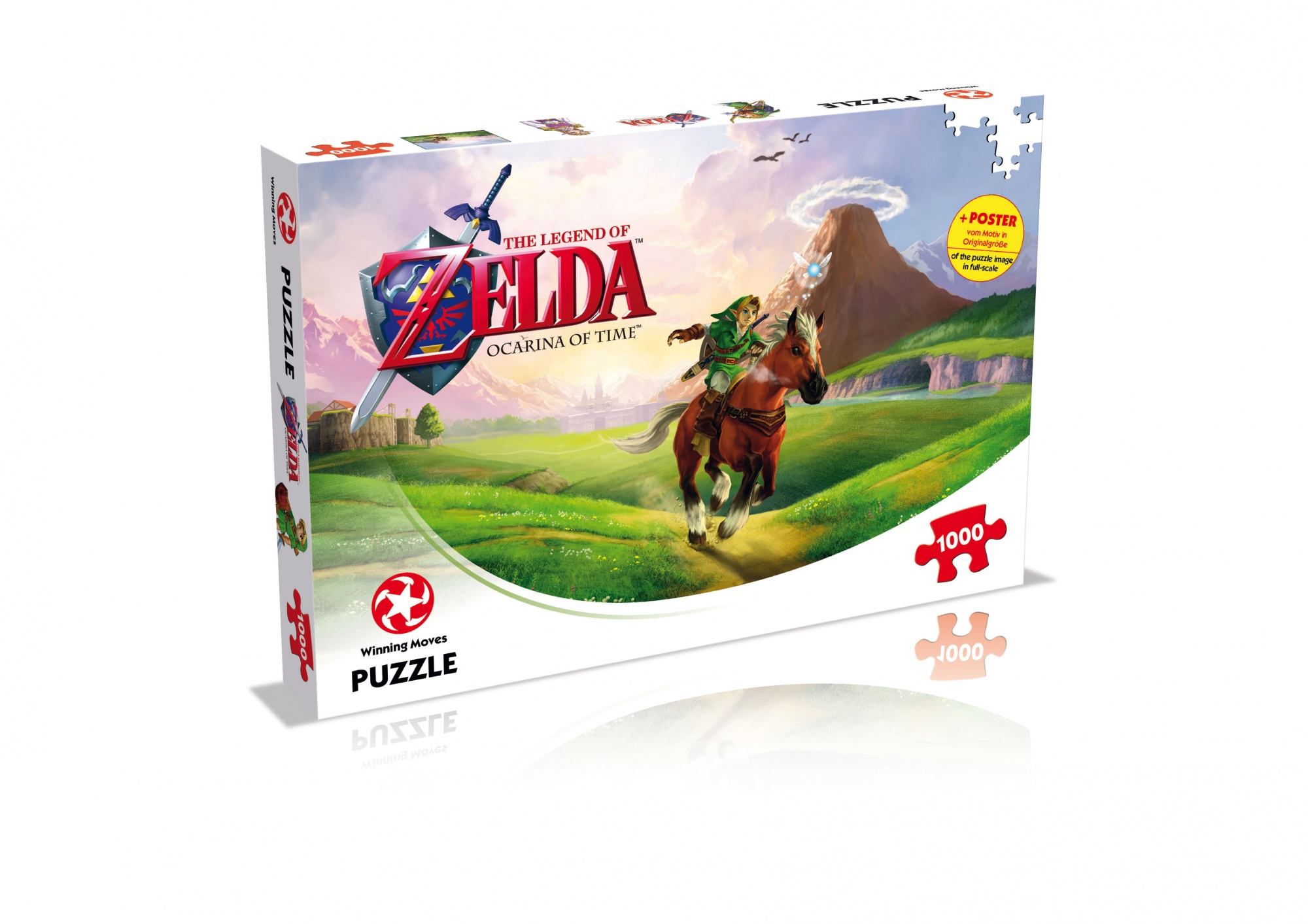 Pudełko z puzzlami z grafiką 'The Legend of Zelda'. Bohater na koniu jest na pudełku.