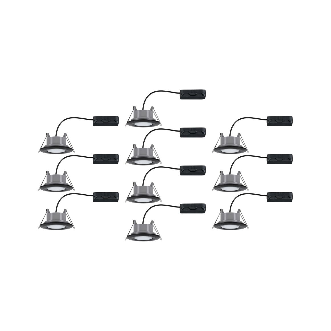 Seria świateł wpuszczanych, każde z czarnym pudełkiem i okrągłą oprawą oświetleniową.