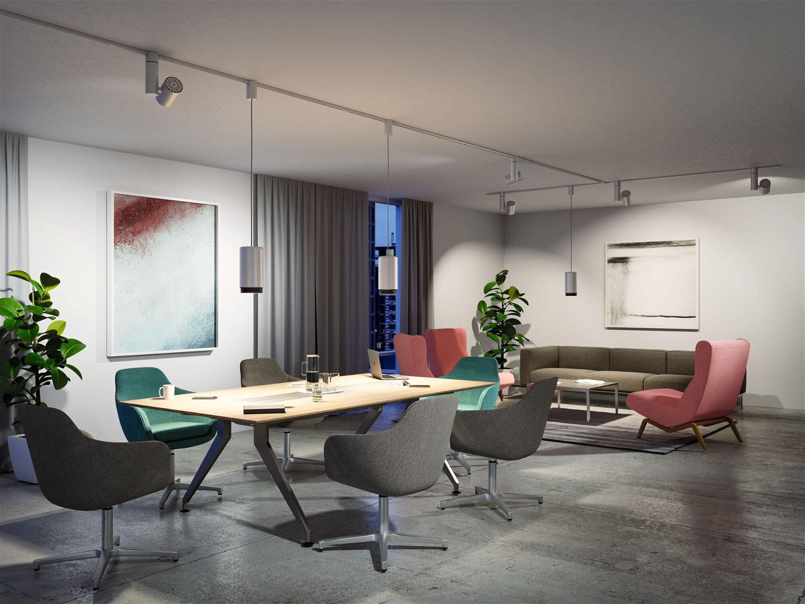 Ein moderner Büro-Besprechungsraum mit einem langen Tisch, Stühlen, Pflanzen und Kunst. Beleuchtungskörper sind vorhanden.
