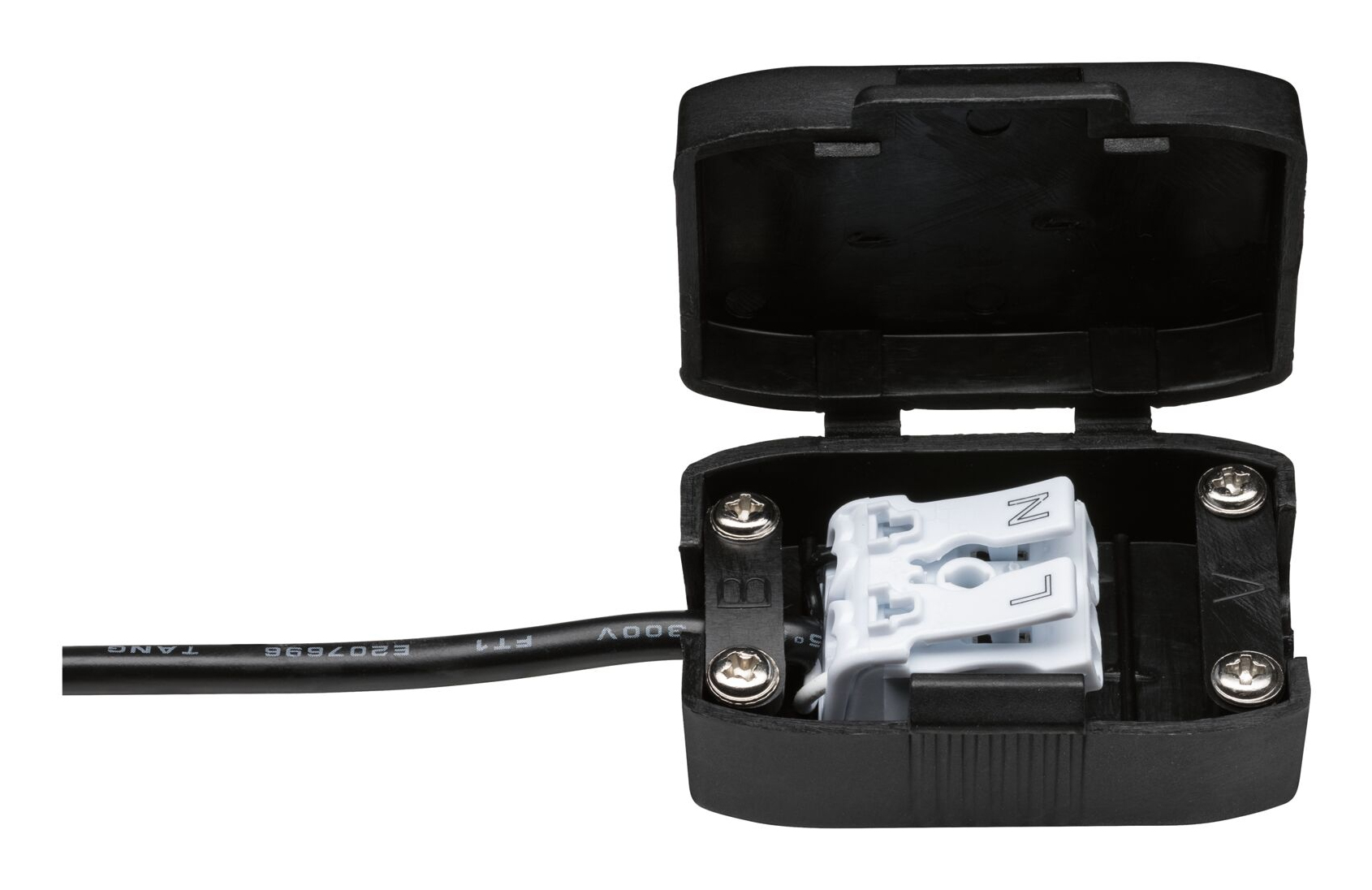 Czarny konektor elektryczny ze śrubami i dołączonym kablem, otwarty i odsłonięty.