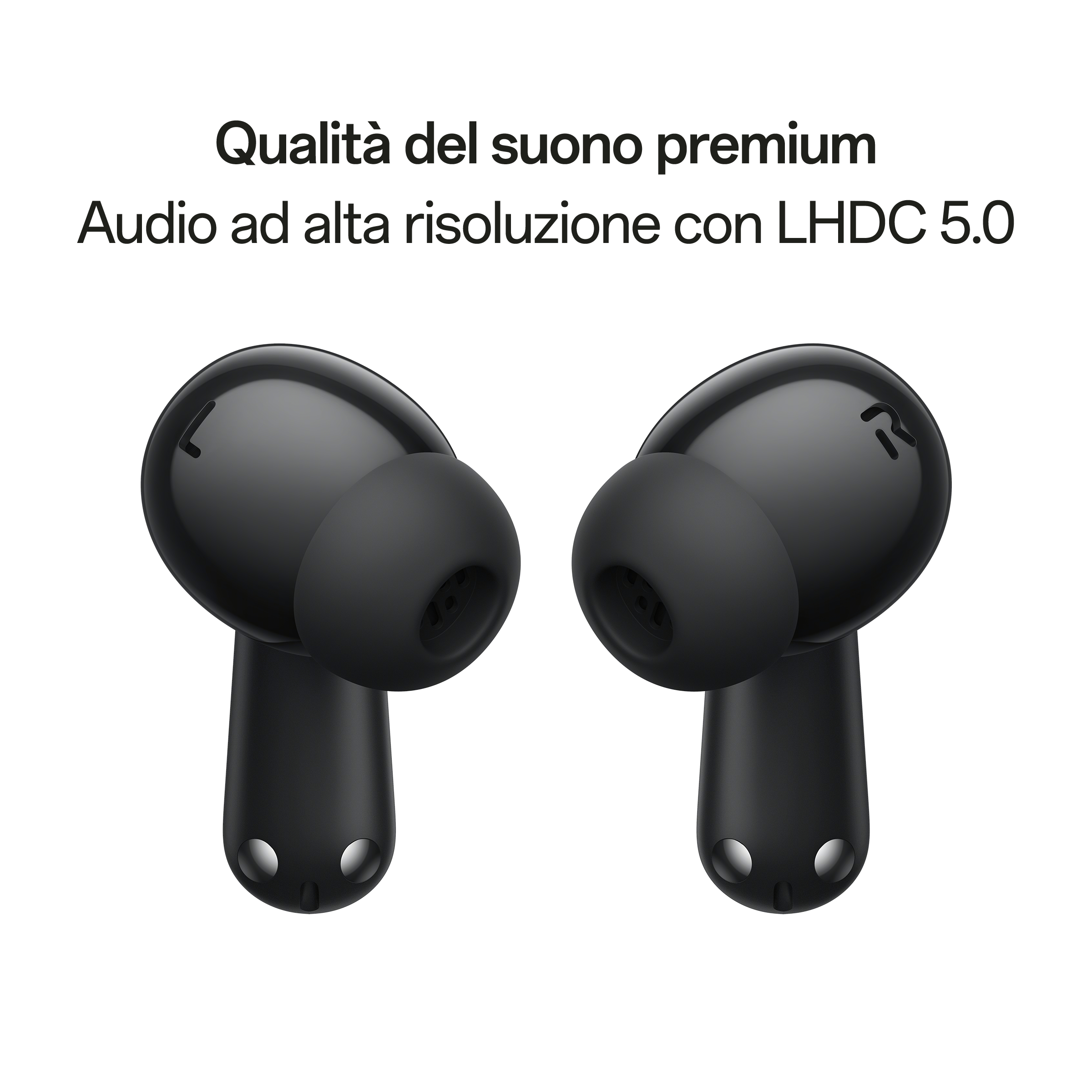 Due auricolari wireless neri. Il testo in alto dice 'Qualità del suono premium'. Il testo in basso dice 'Audio ad alta risoluzione con LHDC 5.0'.