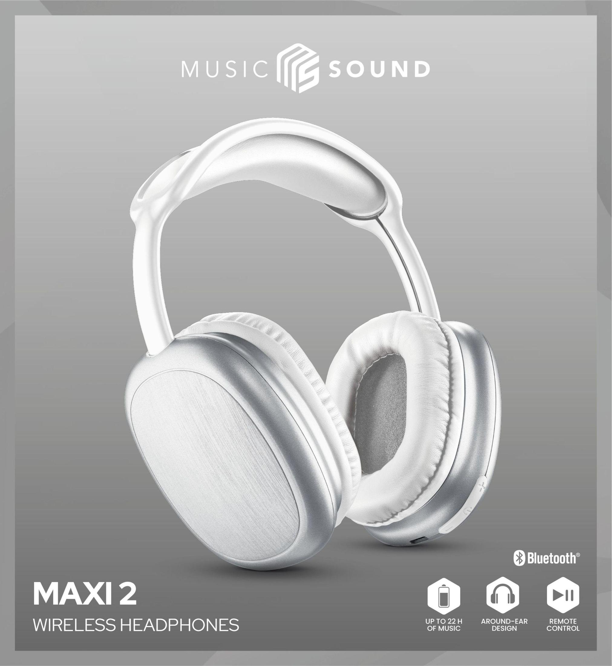 Een witte en zilveren over-ear hoofdtelefoon met de tekst 'MAXI 2' en pictogrammen die functies aangeven.