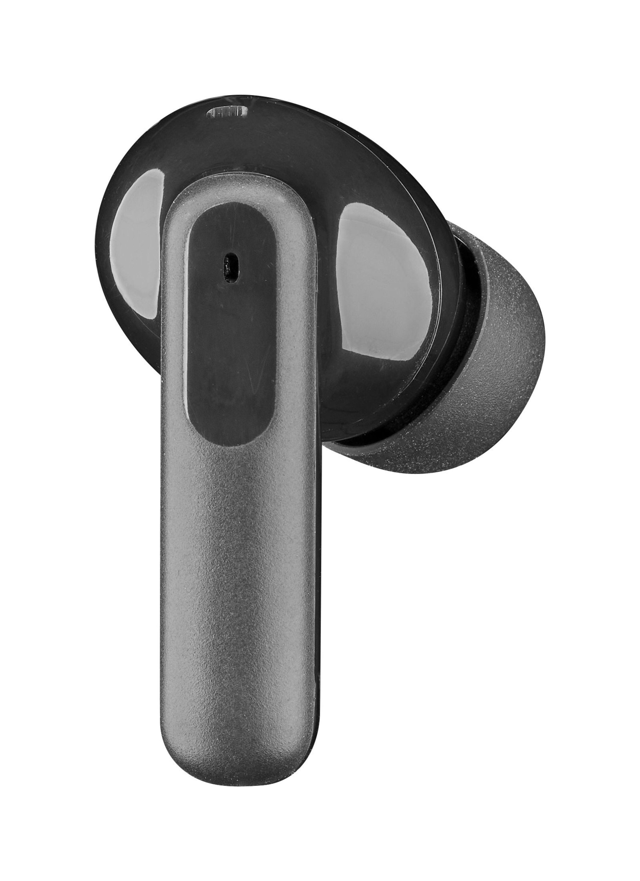Primo piano di un auricolare wireless nero. L'auricolare è nero e ha un gambo argentato.
