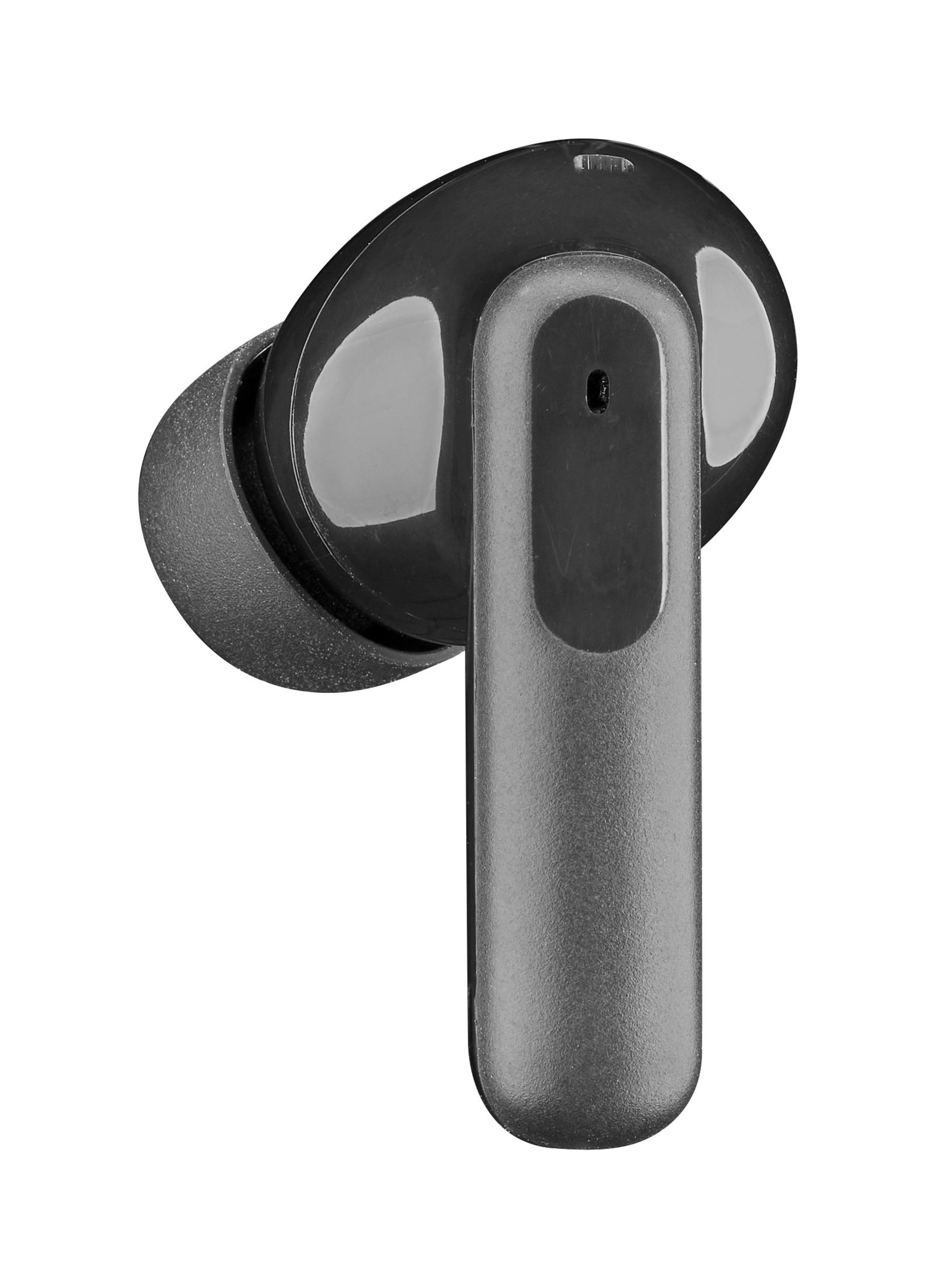 Primo piano di un auricolare wireless nero. L'auricolare è nero e ha un gambo argentato.