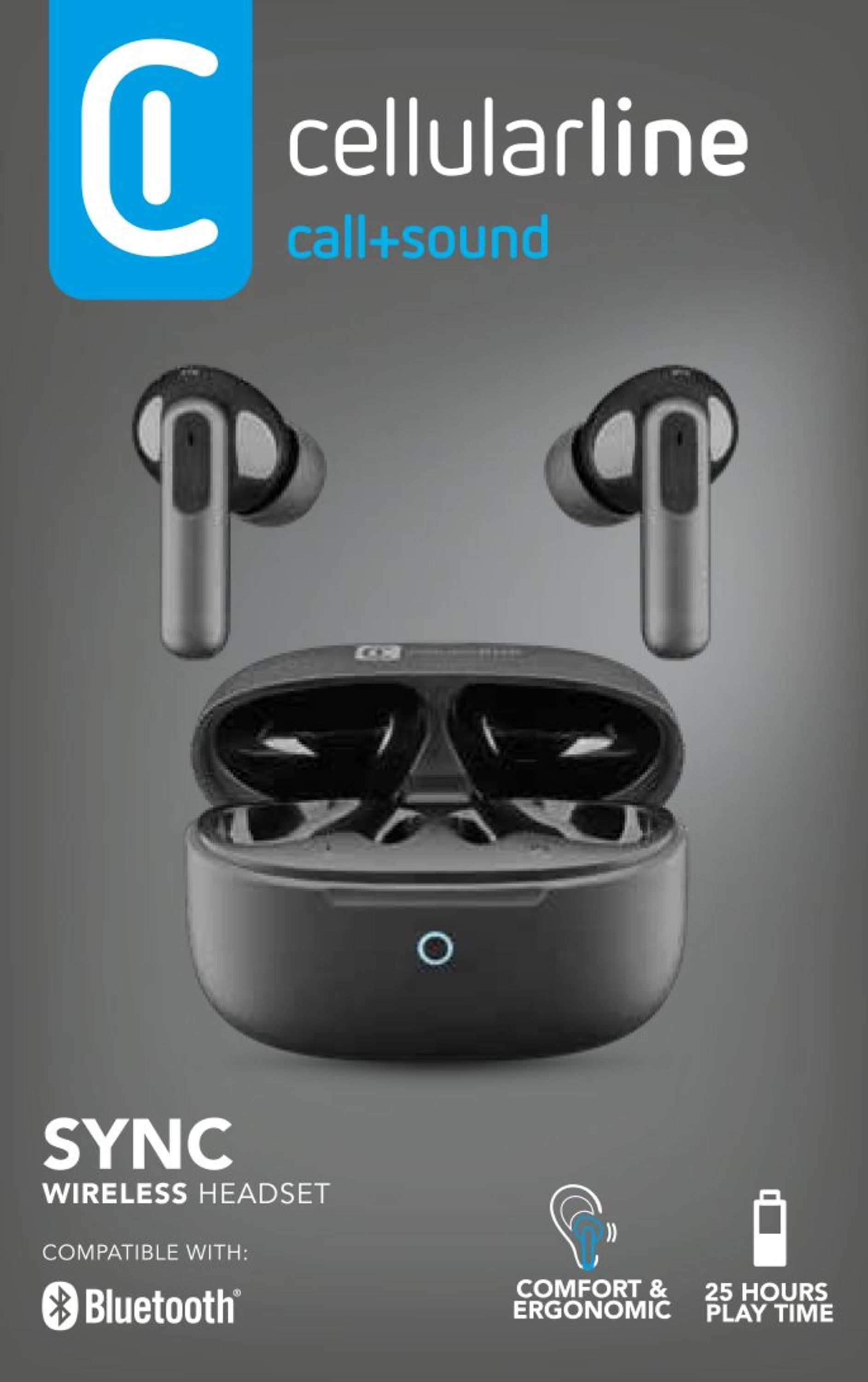 Una custodia di ricarica per auricolari nera e due auricolari neri. Il testo recita 'cellulaline'. Il testo recita 'SYNC Wireless Headset'.