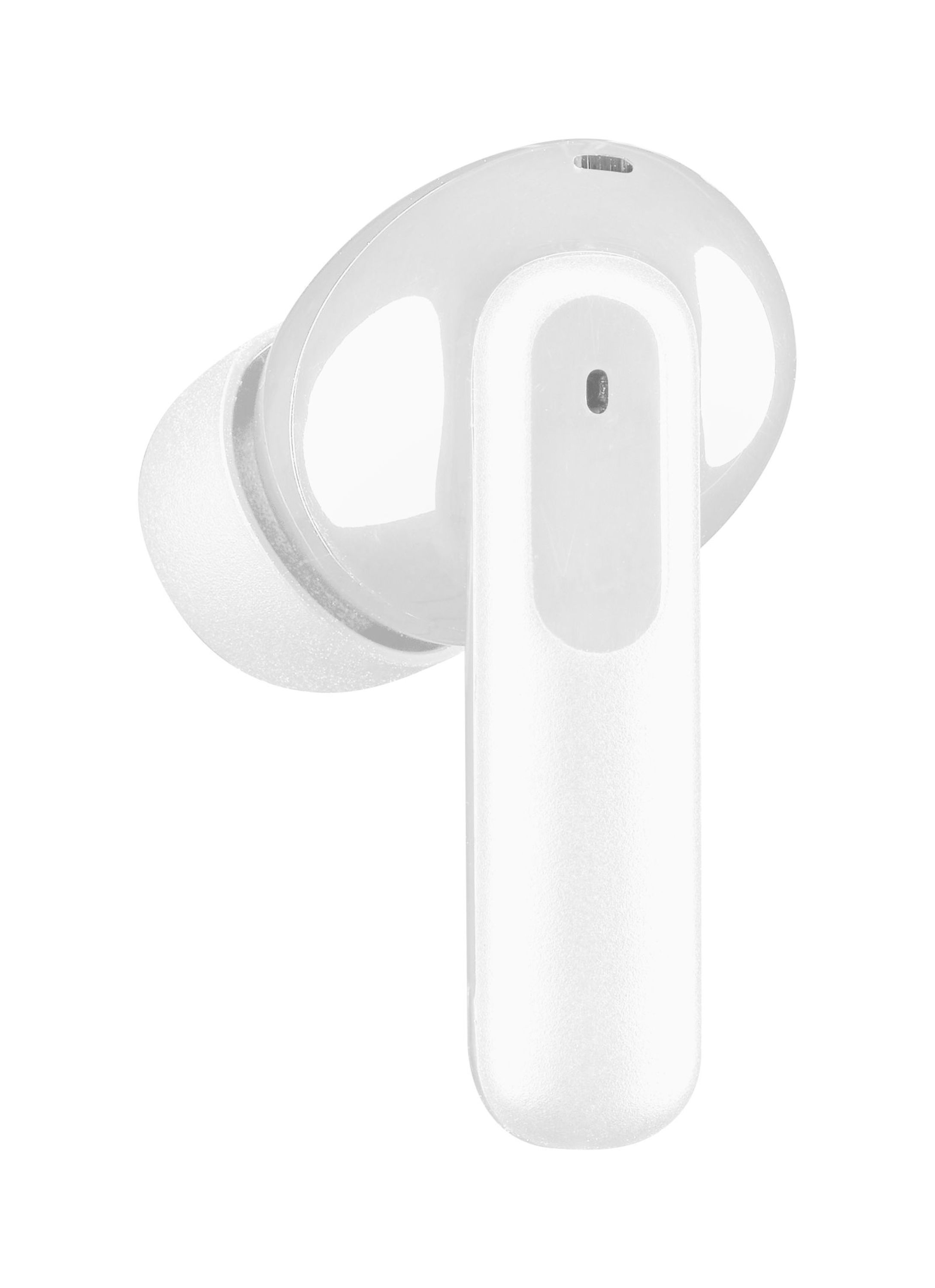 Auricolare wireless bianco. L'auricolare è un'unica unità.