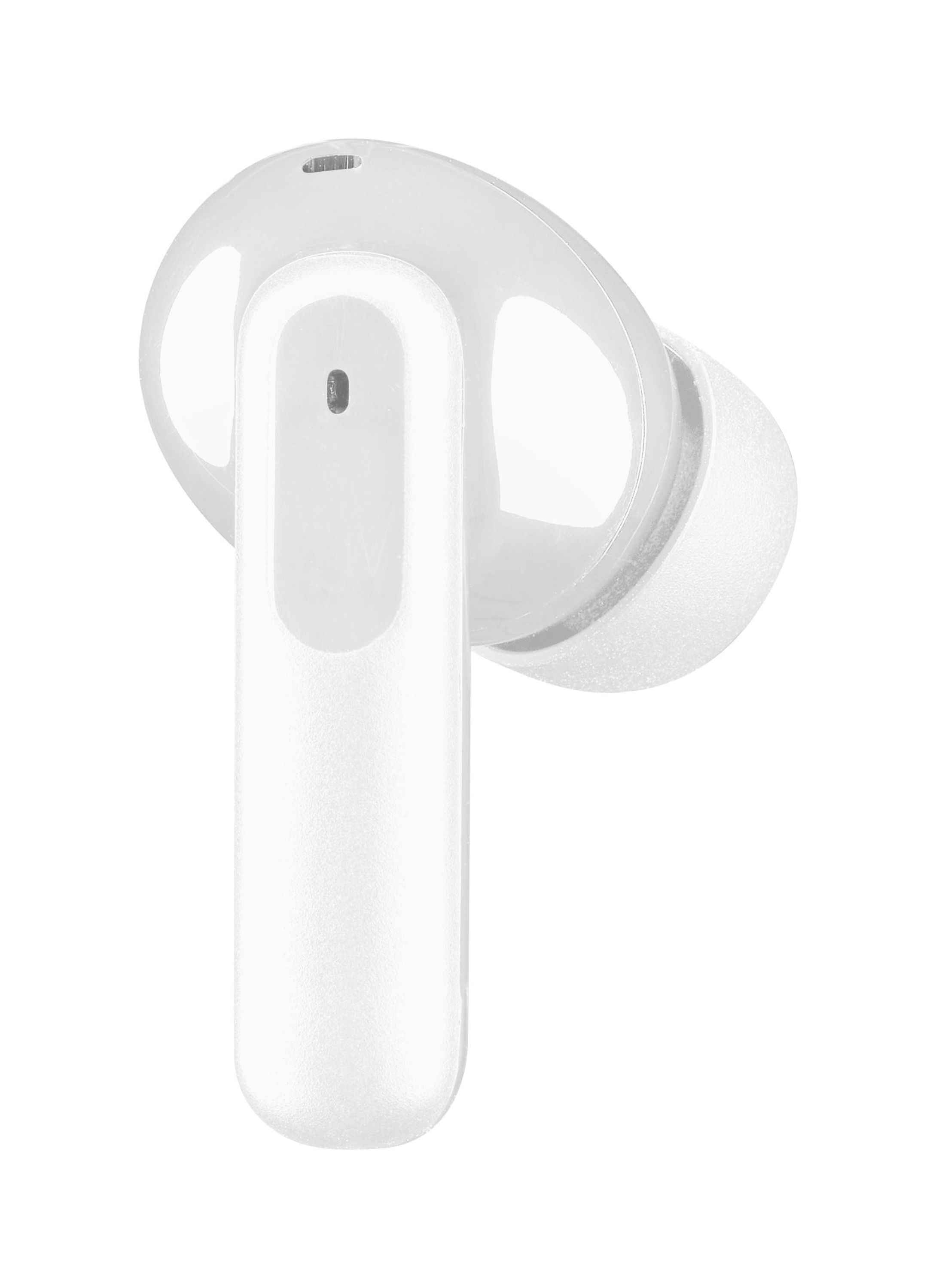 Un auricolare wireless bianco, leggermente angolato, con corpo arrotondato e piccolo altoparlante.