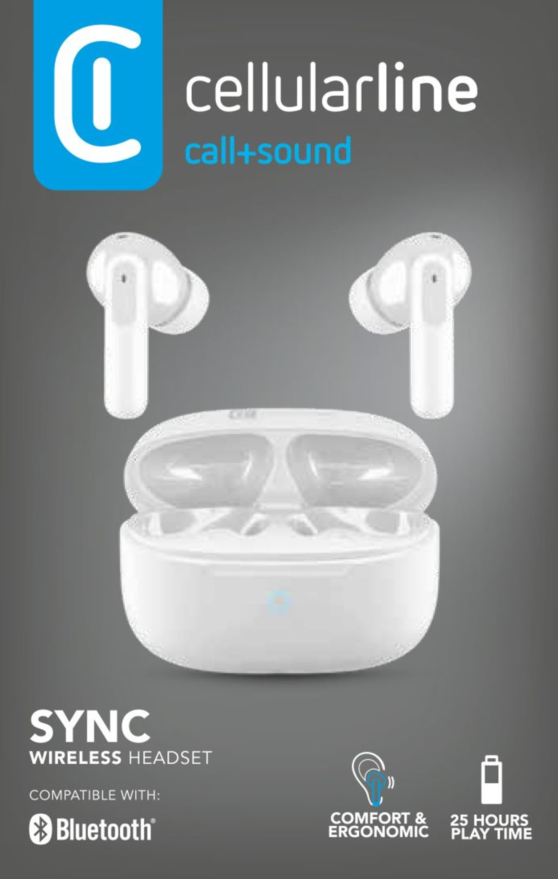Un'immagine del prodotto delle cuffie wireless Cellularline con custodia di ricarica su sfondo grigio.