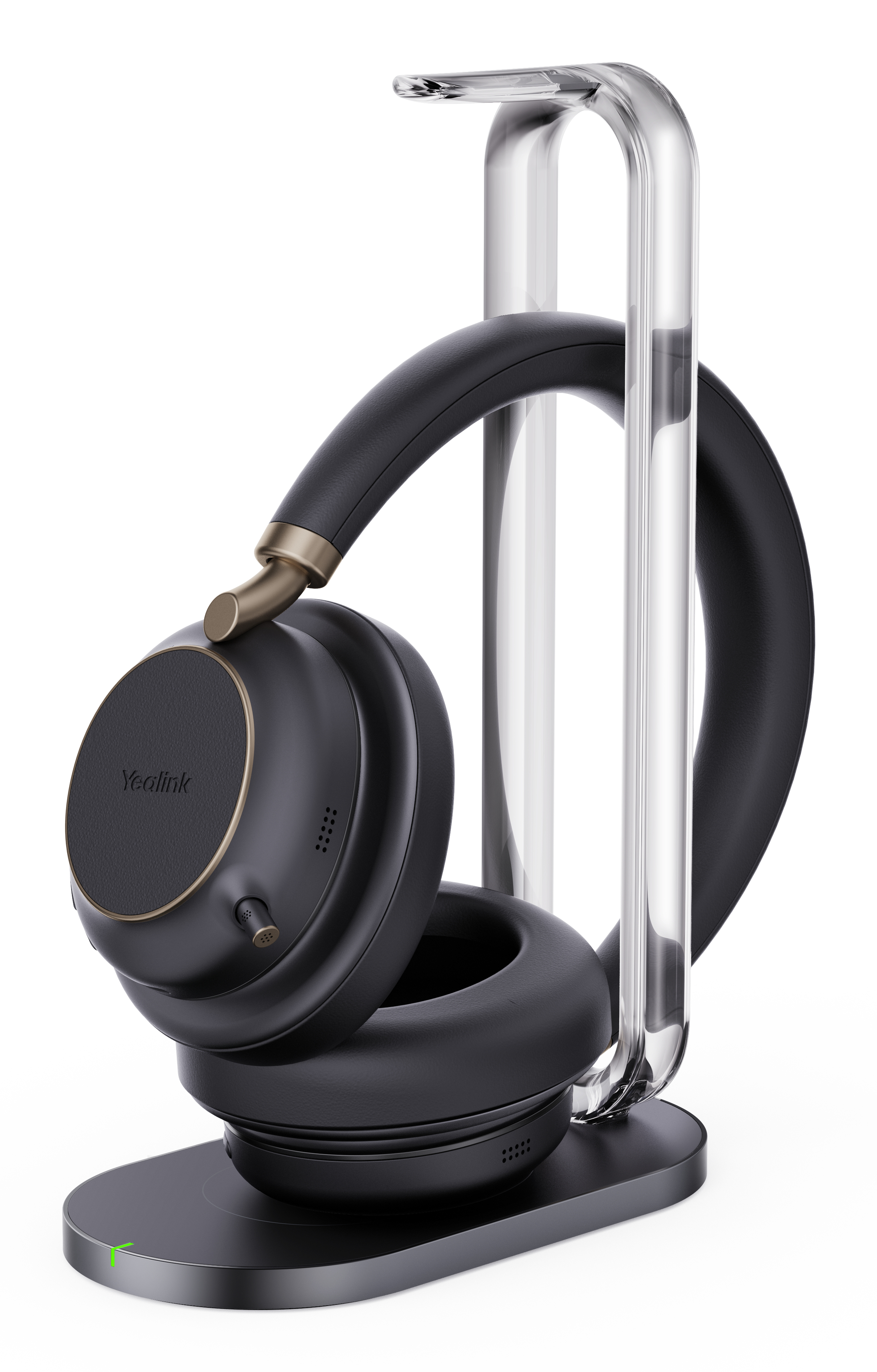 Black Yealink headphones on a charging stand, white background.