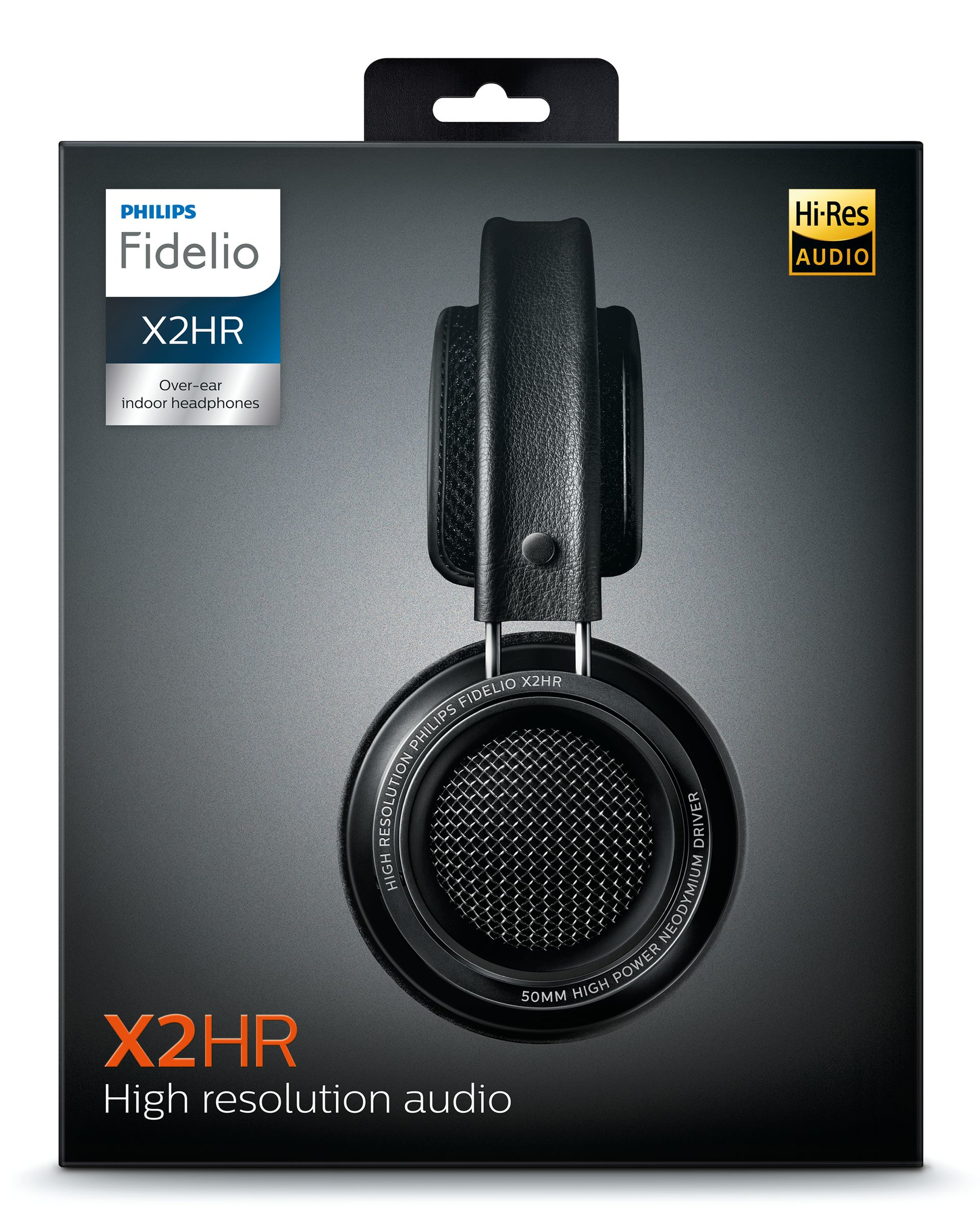 Schwarze Philips Fidelio X2HR Kopfhörer in einer Box. High-Res Audio Etikett rechts.