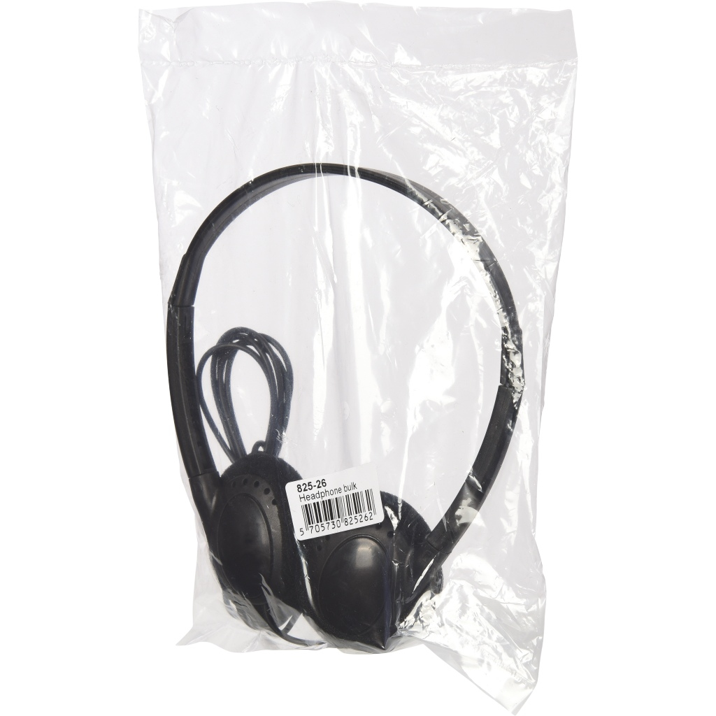 Black headphones in a clear plastic bag. The bag has a label.