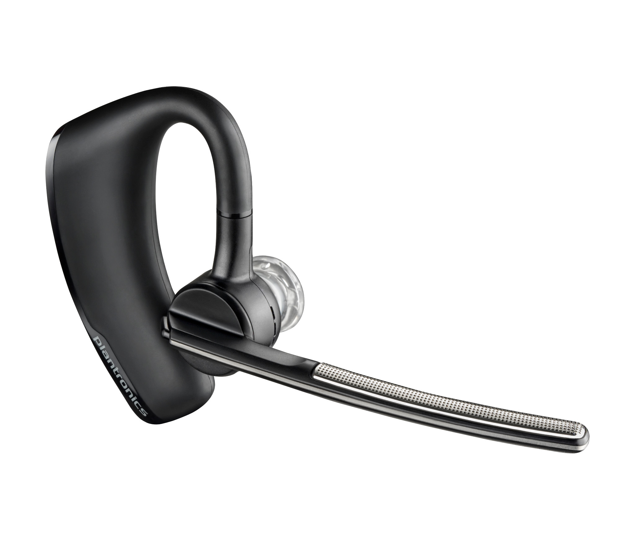 Cuffia Bluetooth Plantronics nera su sfondo bianco. Con lungo microfono.
