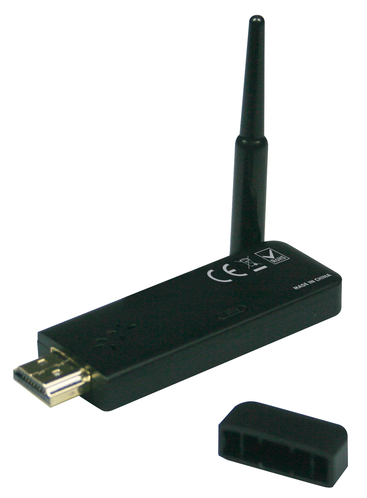 Adattatore display HDMI Wi-Fi nero con antenna e coperchio rimovibile.
