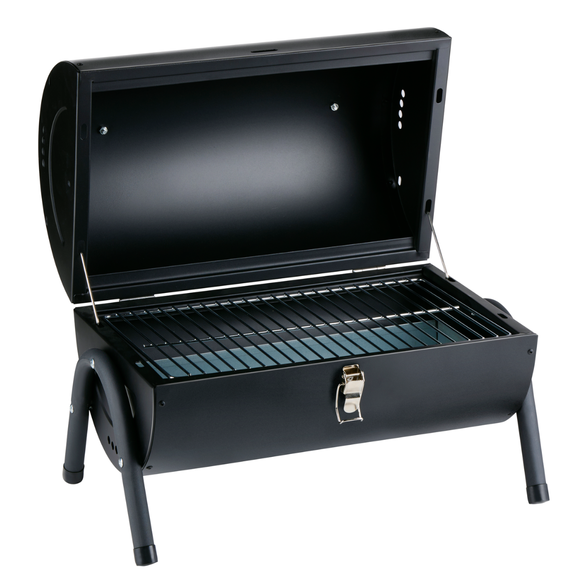 Een zwarte draagbare grill met een open deksel. Hij heeft een rooster en poten, tegen een witte achtergrond.