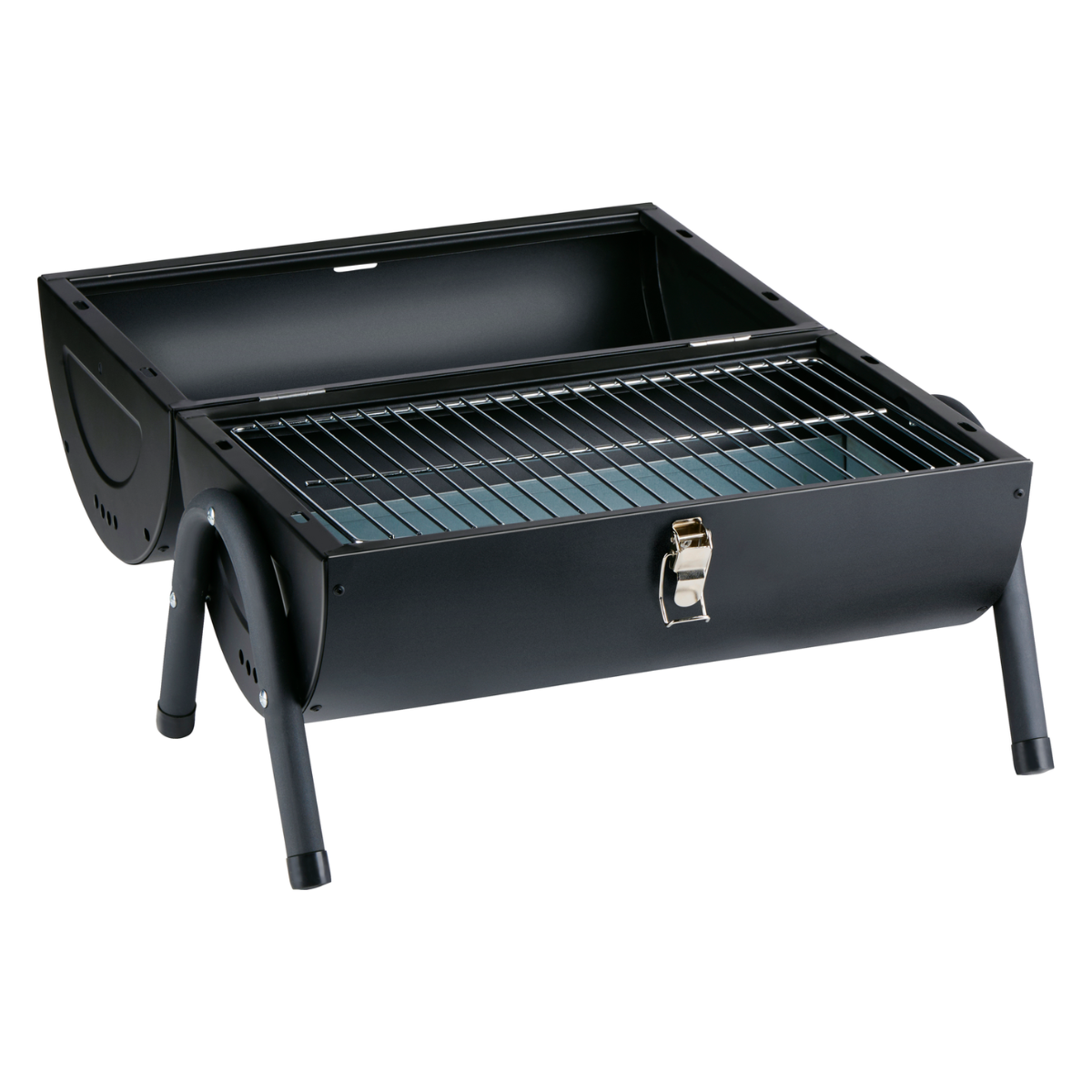 Een zwarte draagbare grill met een open deksel. Hij heeft een rooster en poten, tegen een witte achtergrond.