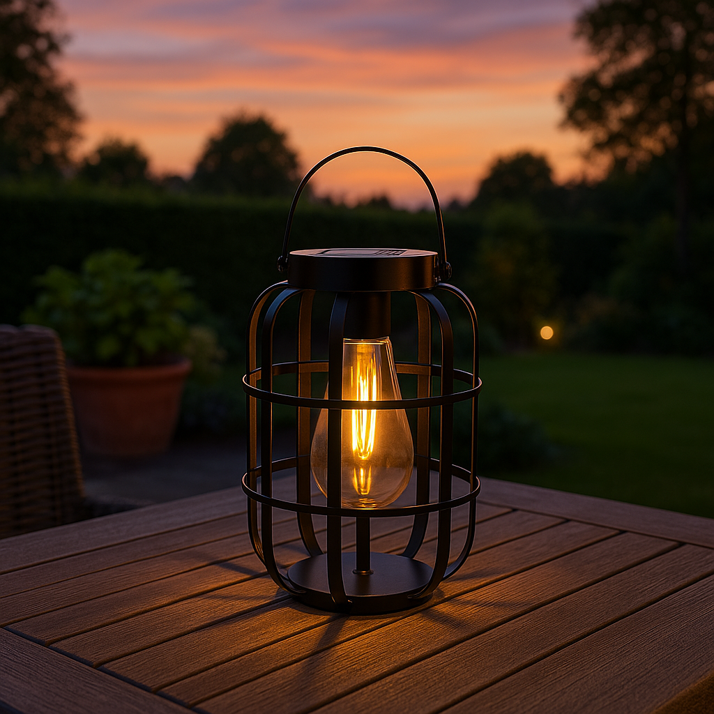 Black metal lantern with a lit bulb on table.