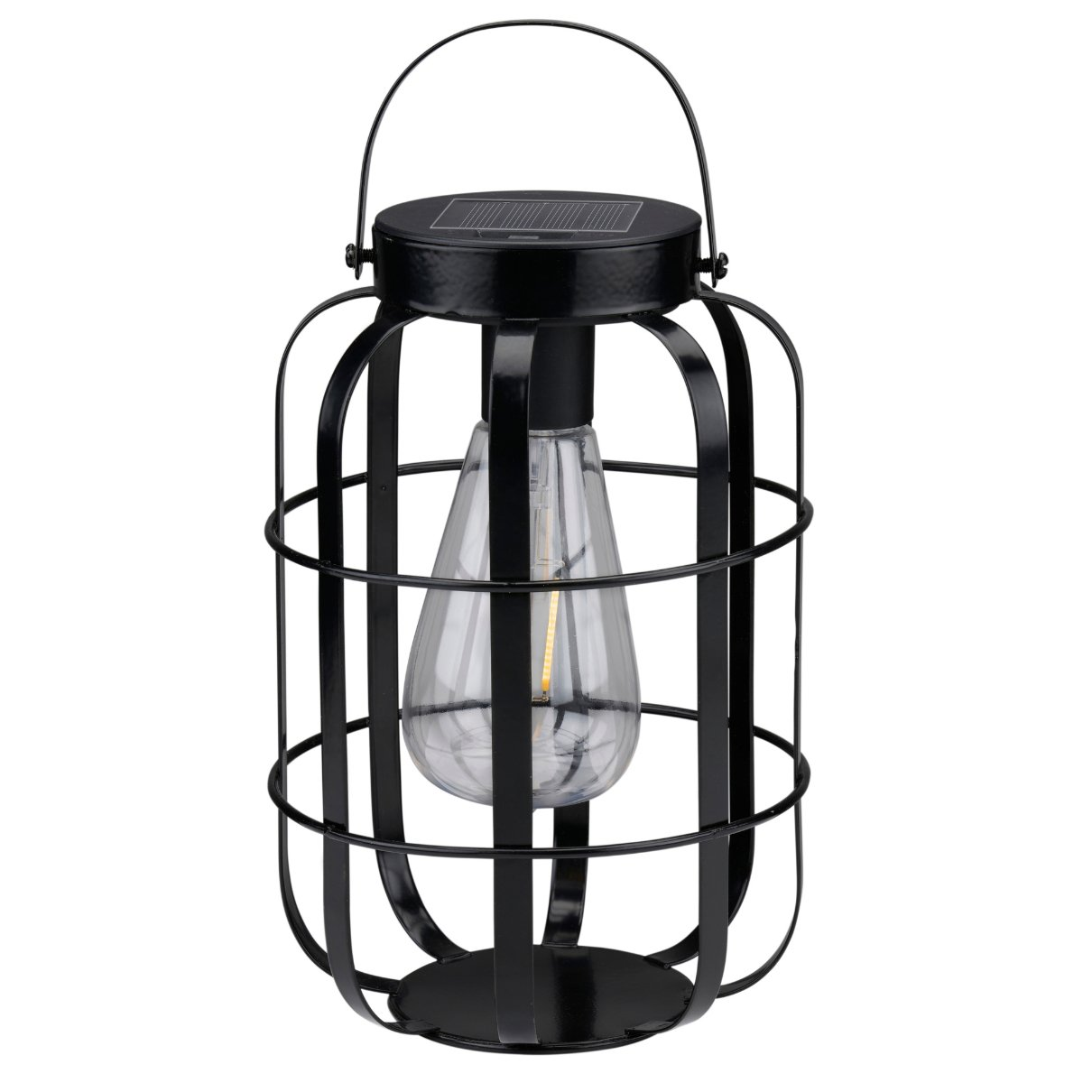 A black solar-powered lantern with a cage design. It has a handle and a clear, teardrop-shaped bulb.