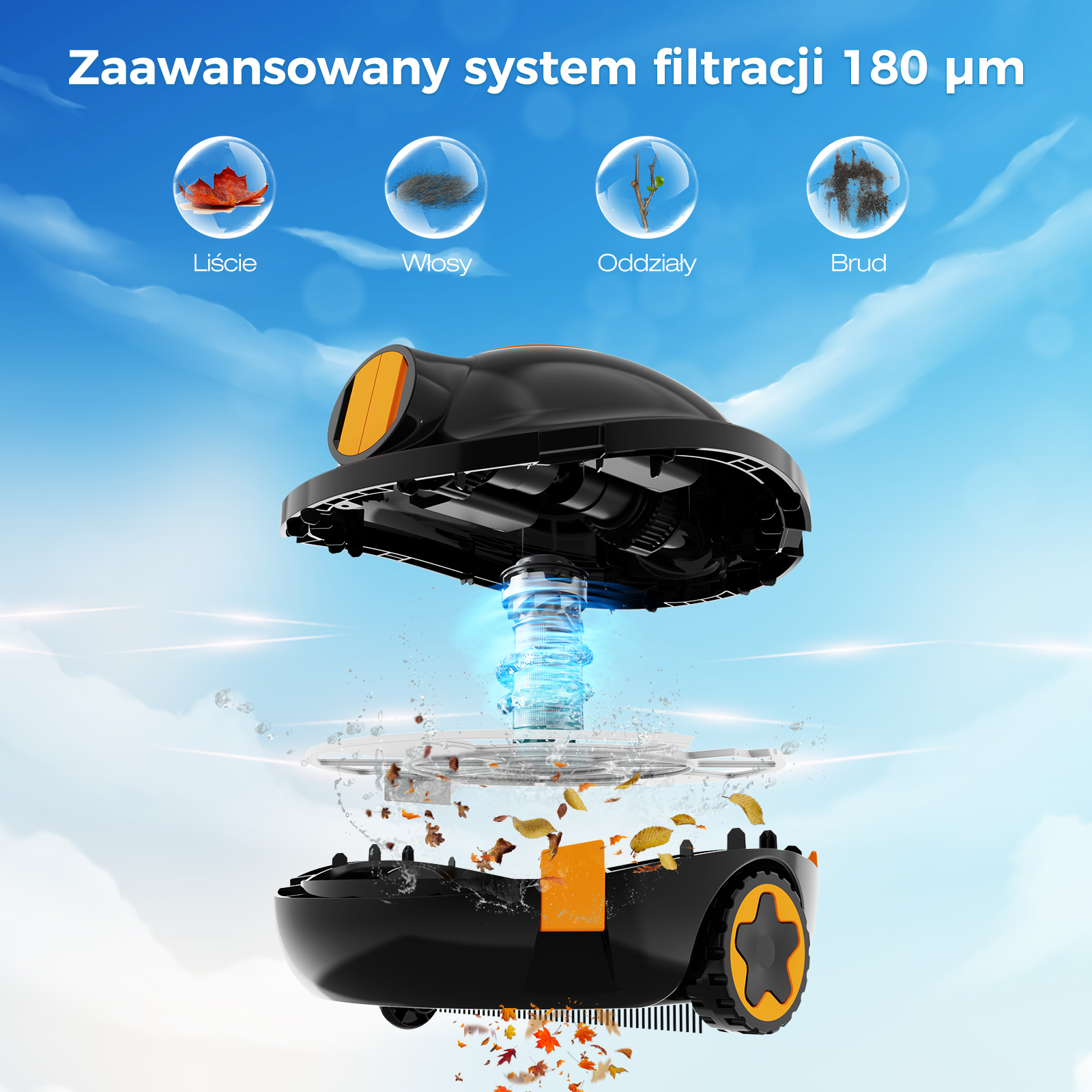 Schemat robota do czyszczenia basenu. Pokazuje elementy: liście, włosy, gałęzie i brud.