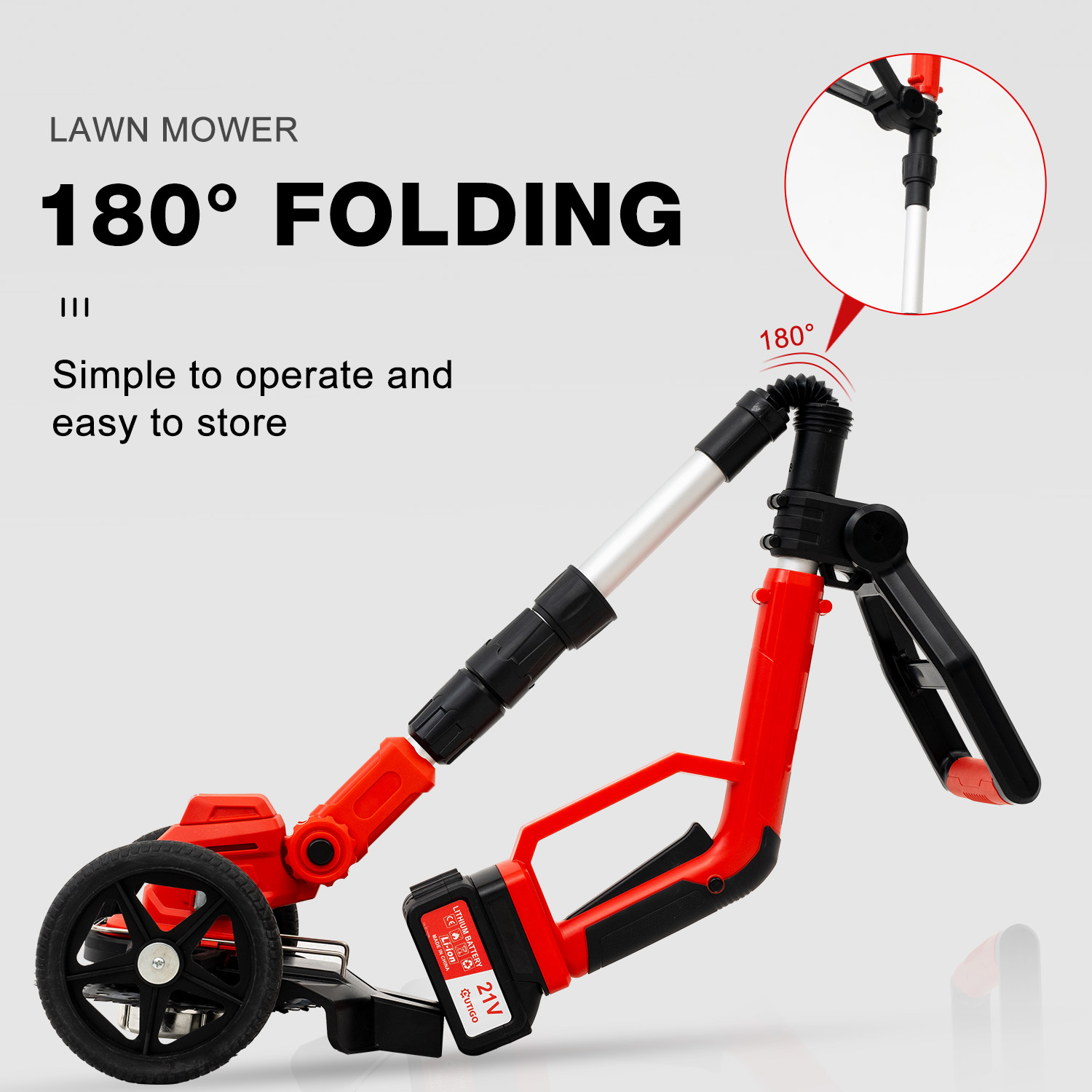 Czerwono-czarna kosiarka. Składana konstrukcja z zaznaczonym składaniem 180°, łatwa w obsłudze.