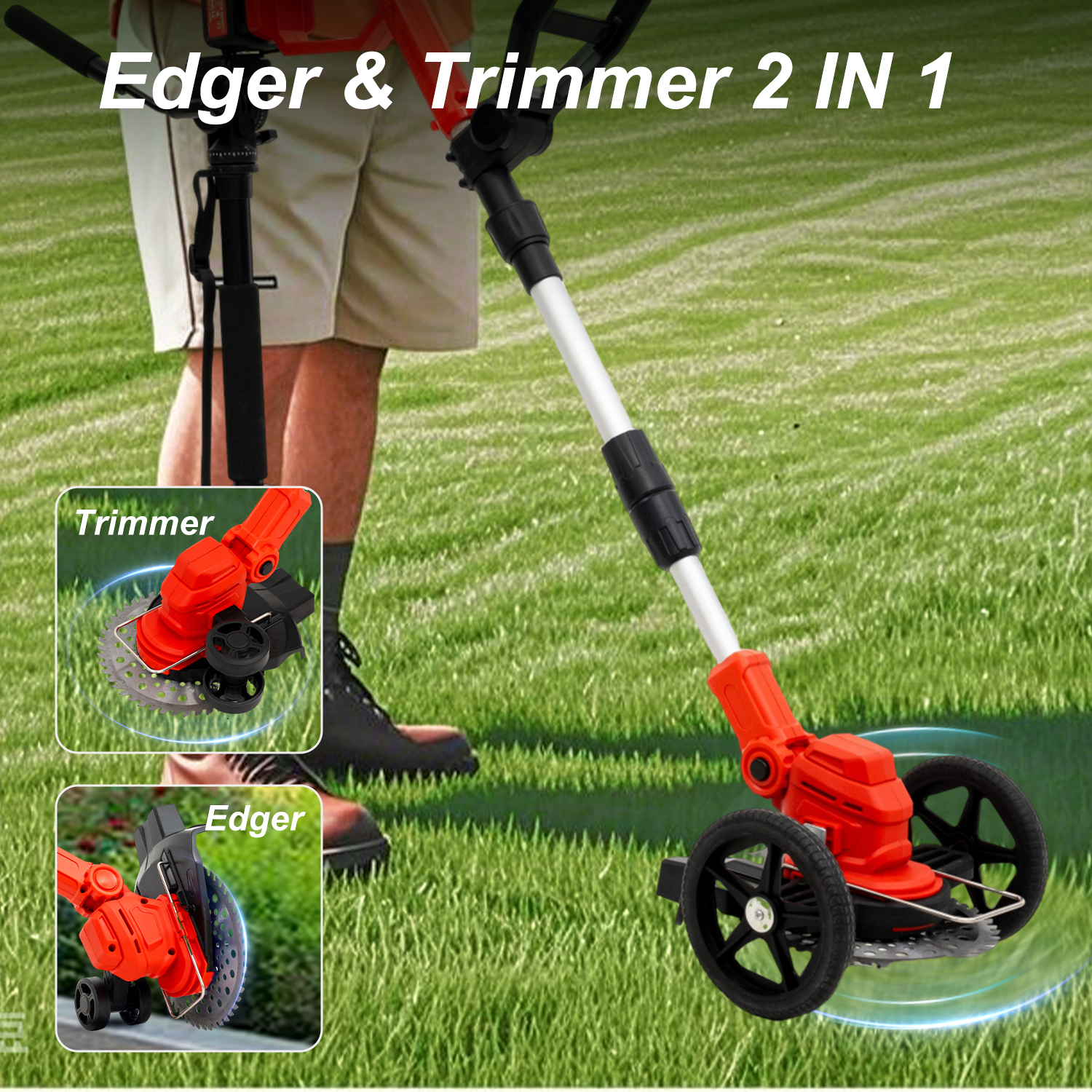 Czerwono-czarna podkaszarka i trymer 2 w 1 z kołami na trawie.