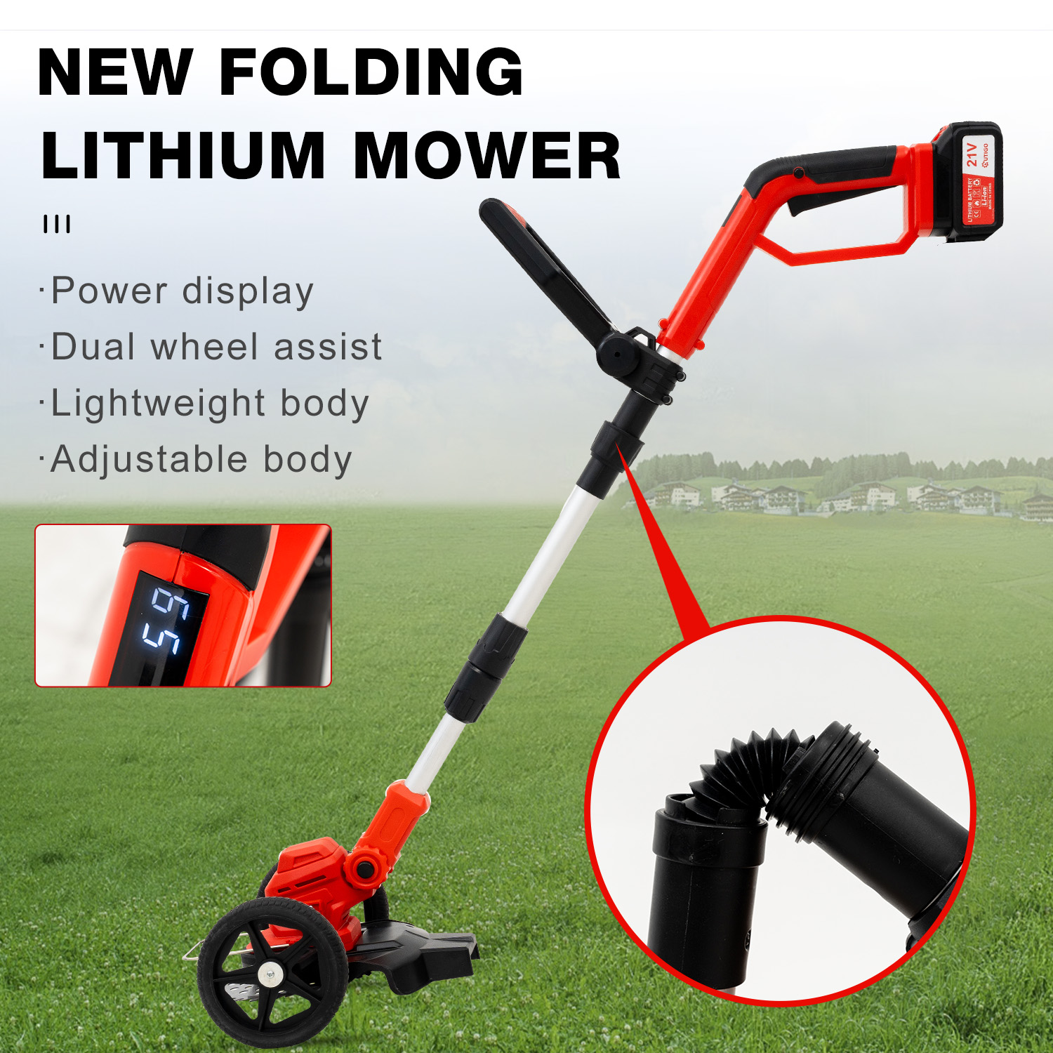 Czerwono-czarna składana kosiarka z tekstem: New Folding Lithium Mower i wymienionymi funkcjami.