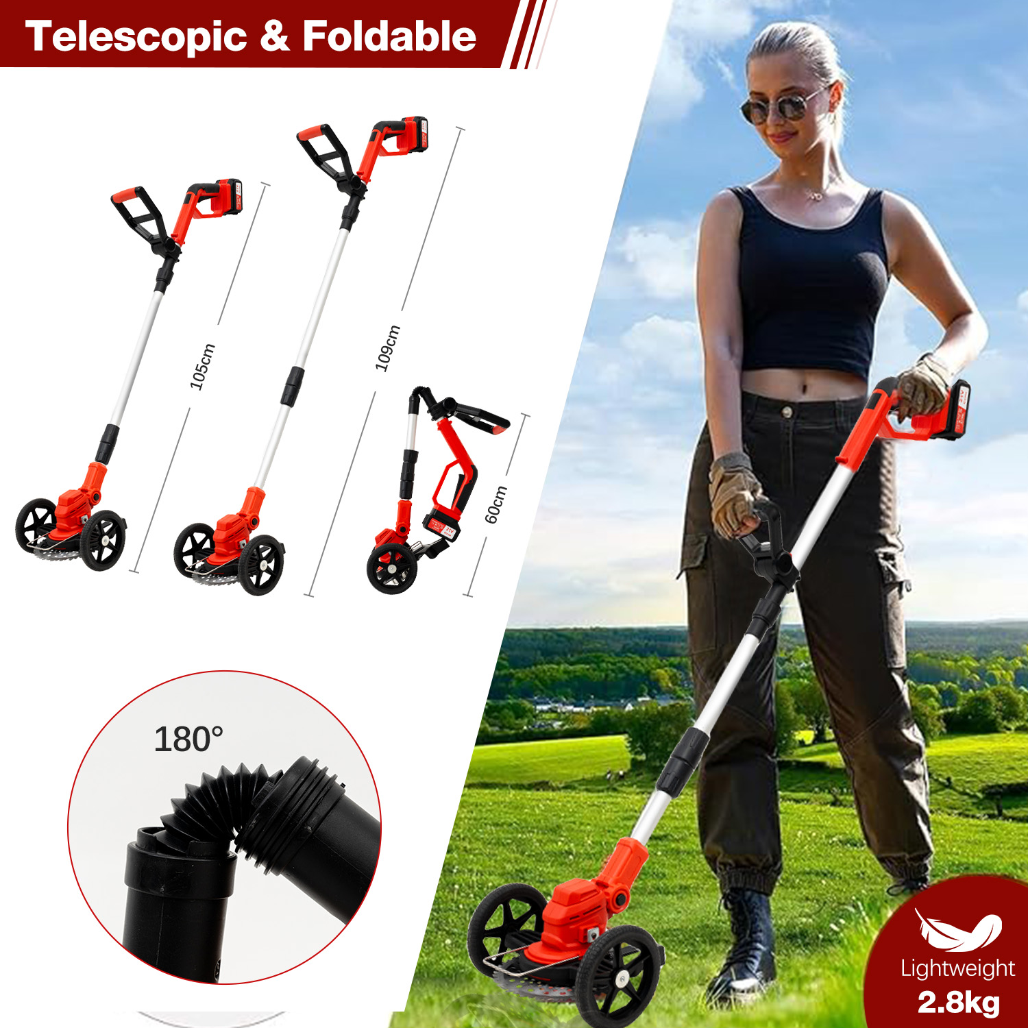 Kobieta obsługuje teleskopowe koło pomiarowe. Pokazano trzy opcje kół z wymiarami i zgięciem 180 stopni.