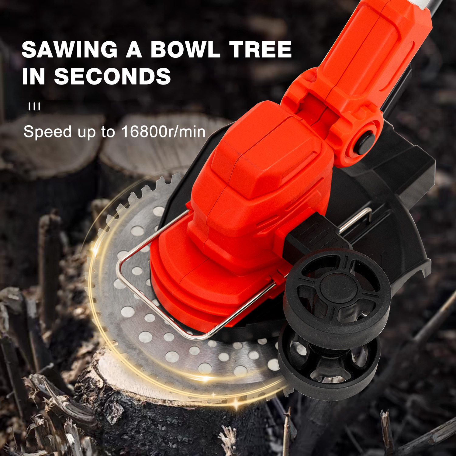Czerwono-czarne elektronarzędzie tnące pień drzewa. Ostrze w akcji, widoczne wióry drewna.