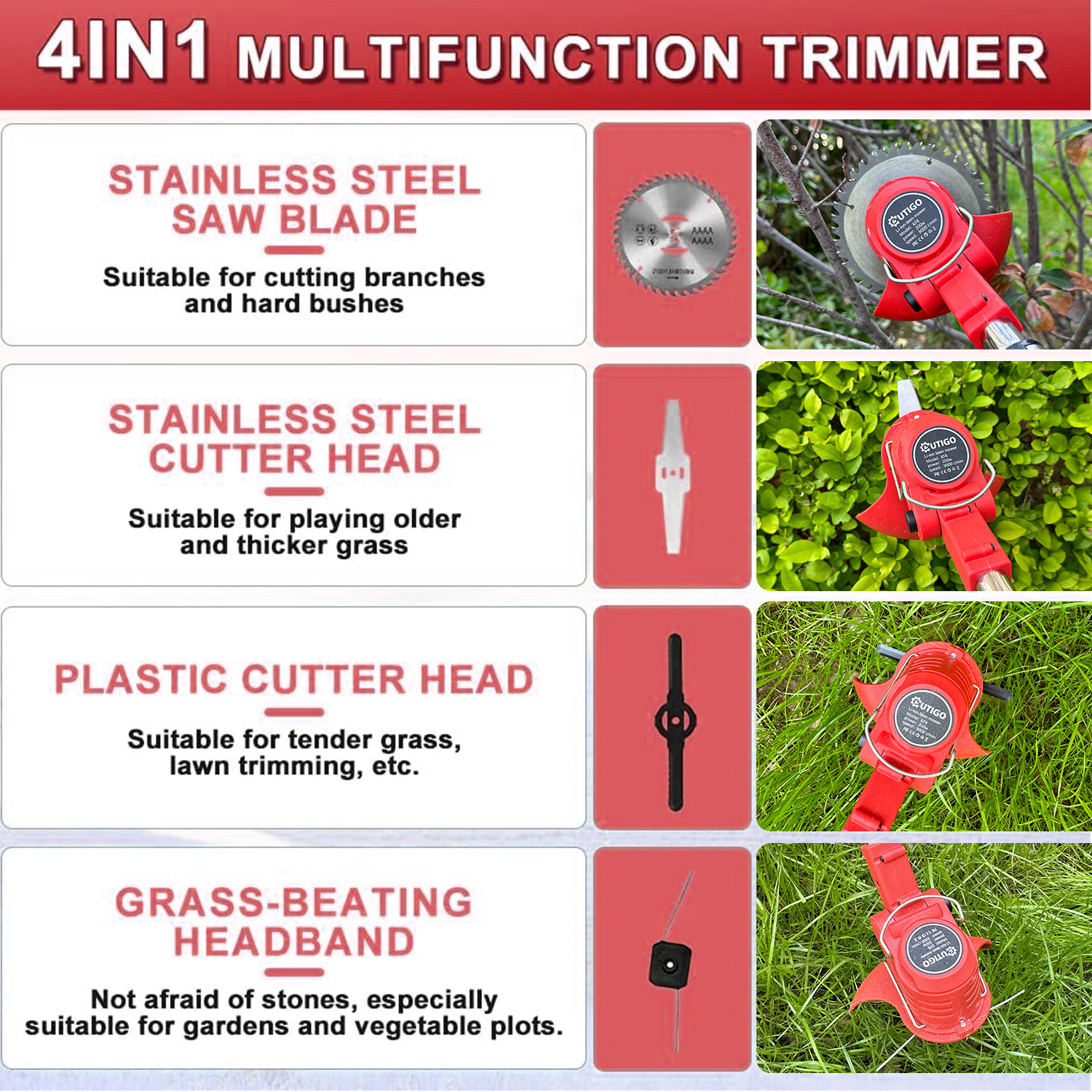 Trymer wielofunkcyjny 4 w 1 z ostrzami. Zawiera piłę, głowice tnące i opaskę na głowę do bicia trawy. Czerwony i czarny.