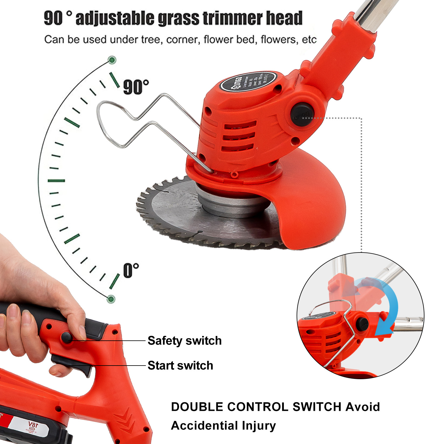 Czerwona podkaszarka z ostrzem, włącznikiem bezpieczeństwa i startu.