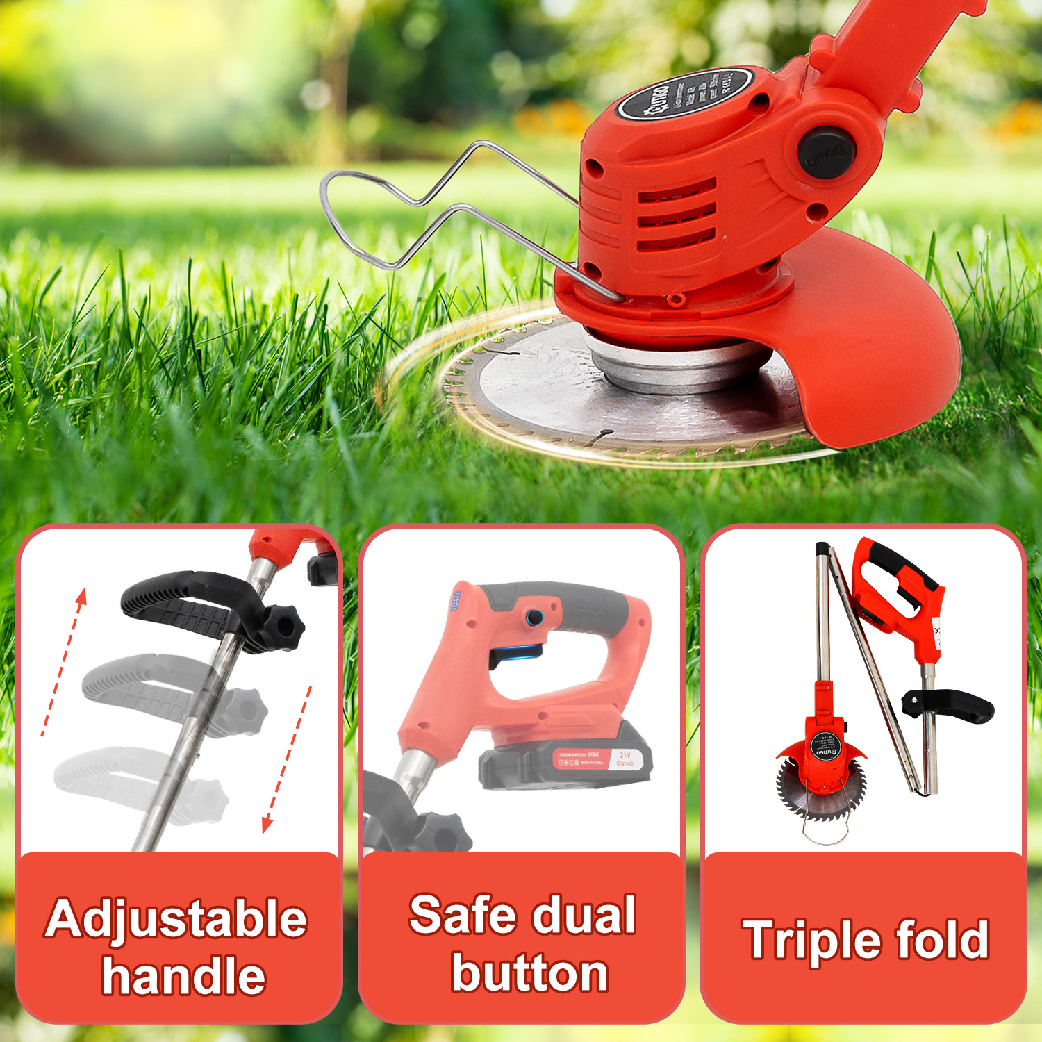 Elektryczna podkaszarka do trawy z trzema ilustrowanymi cechami: regulowany uchwyt, bezpieczny podwójny przycisk, potrójne składanie.