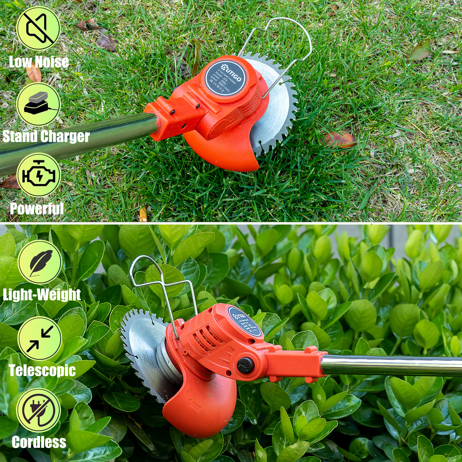 Trymer do trawy z dwoma różnymi widokami. Widok z góry jest na trawie, widok z dołu na krzaku.