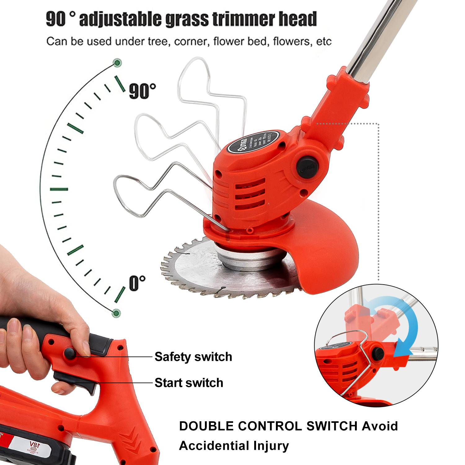 Czerwona podkaszarka, regulowana głowica, włączniki bezpieczeństwa i startu, tekst o podwójnej kontroli.