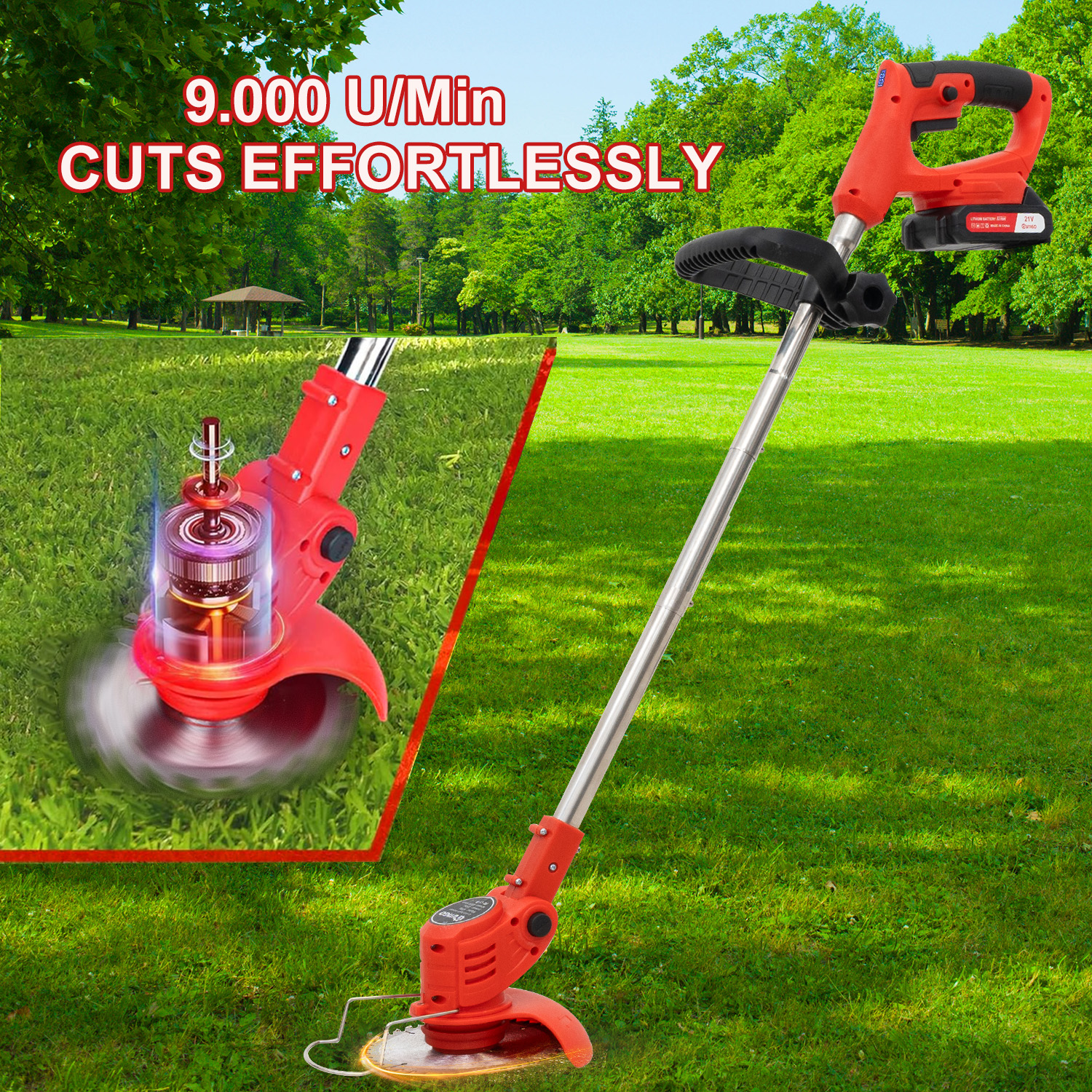 Czerwono-czarna bezprzewodowa krawędziarka do trawy tnąca trawę; wkładka pokazuje mechanizm wewnętrzny.