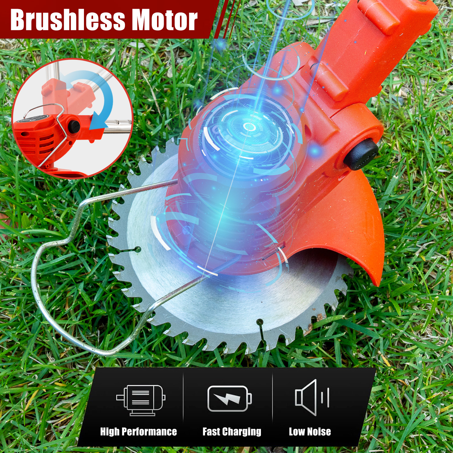 Pomarańczowa bezprzewodowa kosiarka do trawy na trawie, ze schematem silnika szczotkowego i ikonami wydajności.