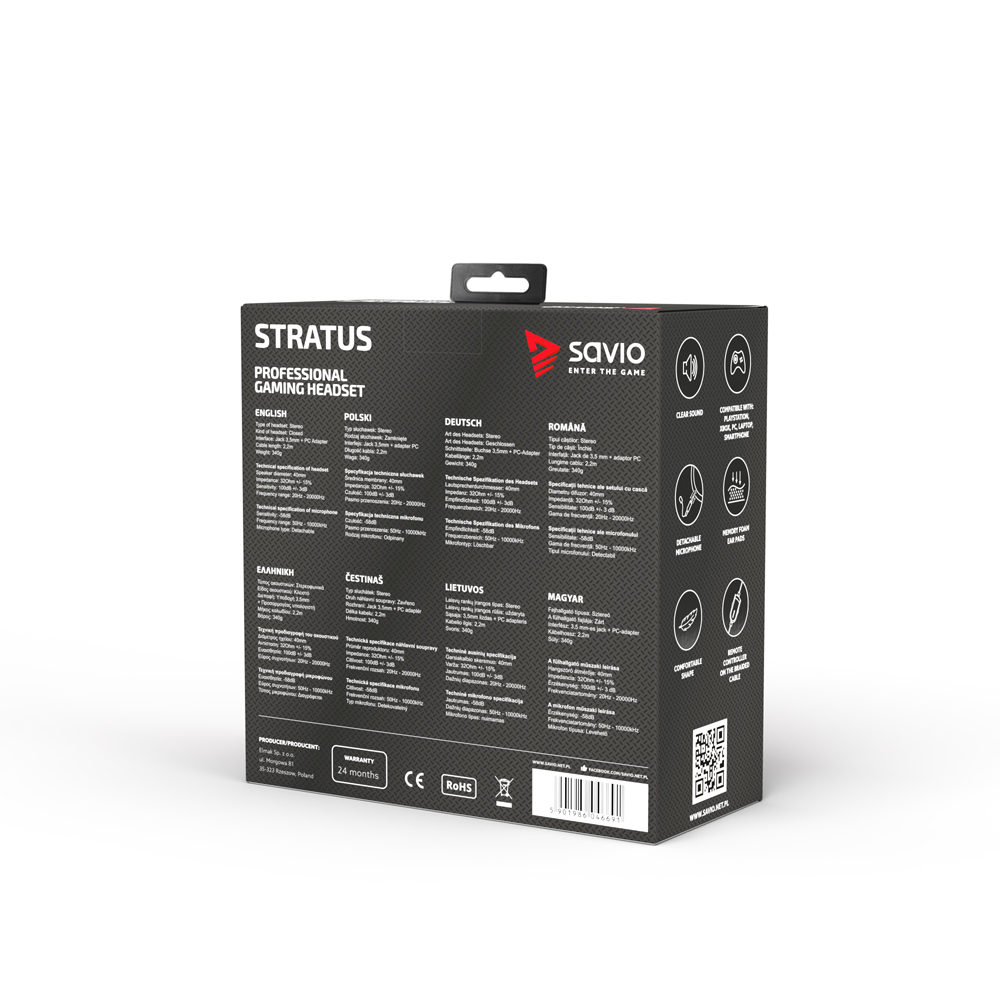 Pudełko na zestaw słuchawkowy dla graczy. Pokazuje wielojęzyczne specyfikacje i funkcje. Marka to 'SAVIO'.