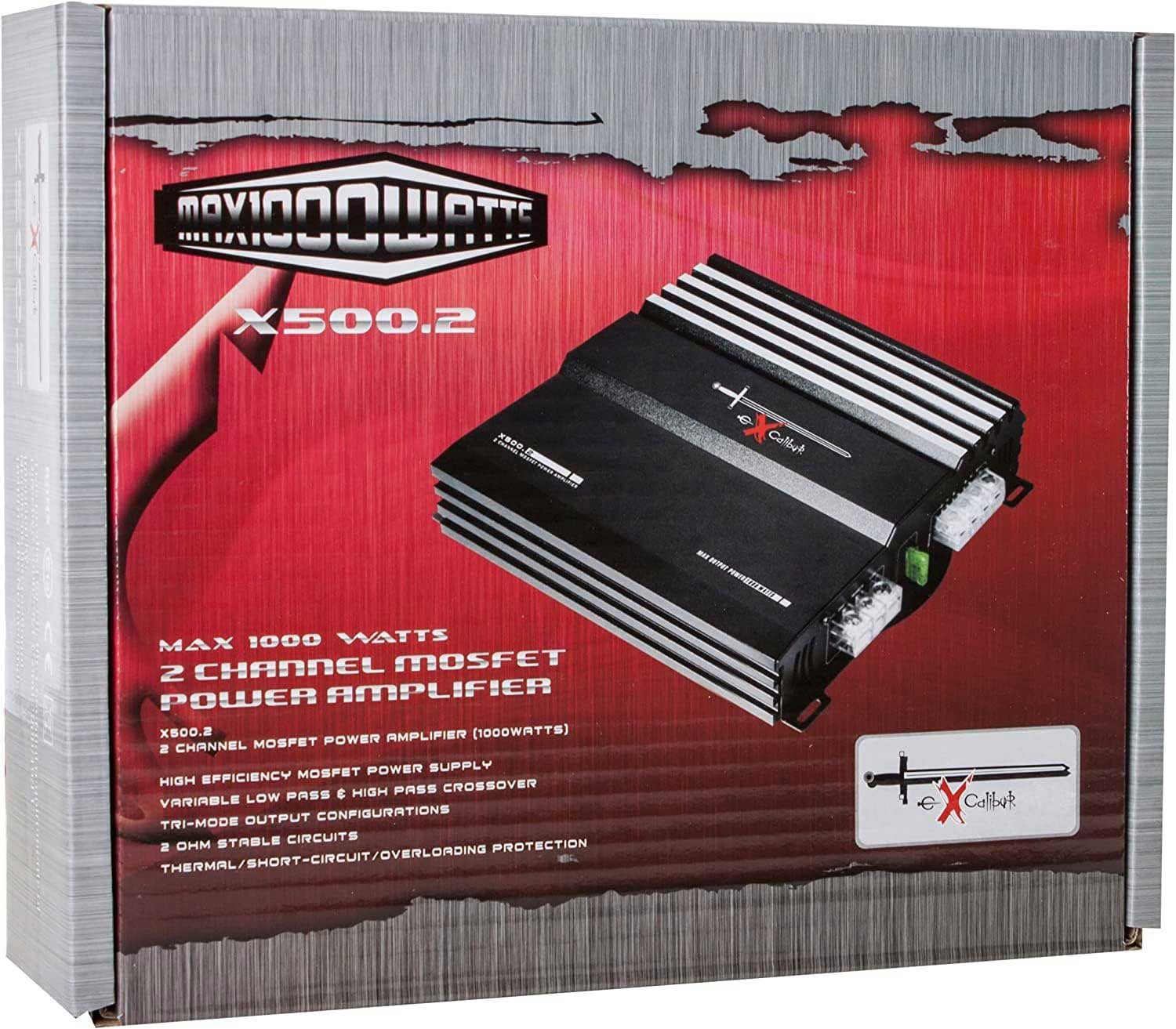 Eine schwarz-rote Box mit einem schwarzen Verstärker mit dem Text 'MAX 1000 WATTS' und 'X500.2'.