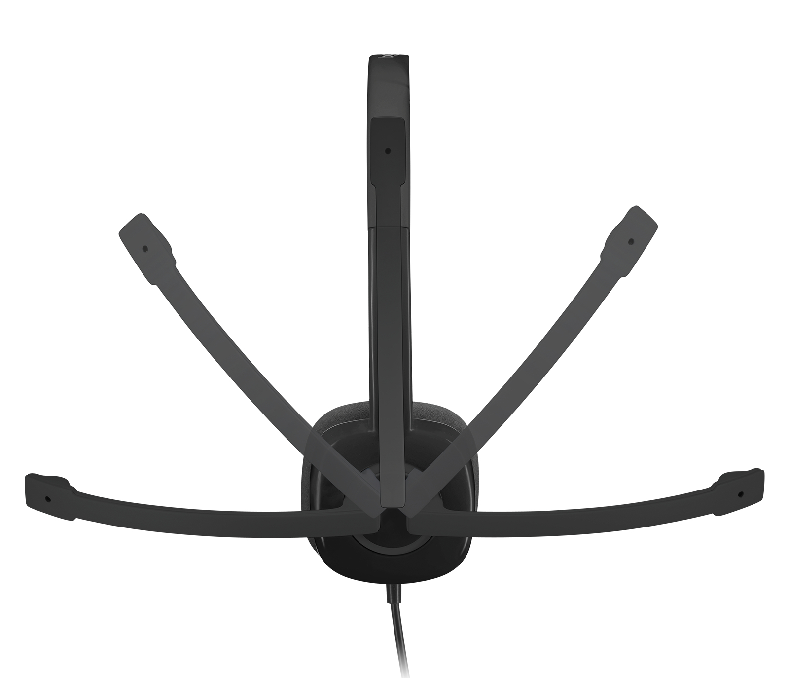 Czarny zestaw słuchawkowy z mikrofonem. Nauszniki są skierowane na zewnątrz.