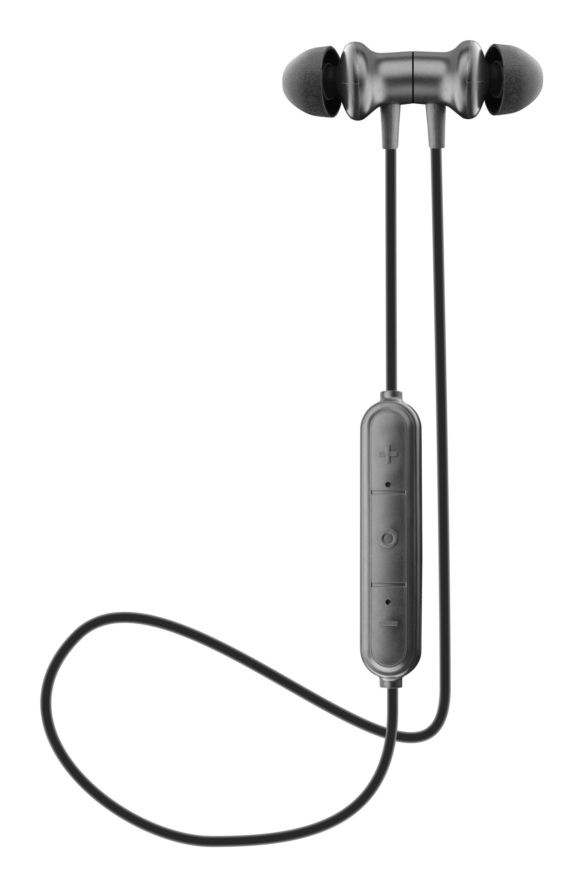 Schwarze In-Ear-Kopfhörer mit Bedienfeld und Kabel auf weißem Hintergrund.