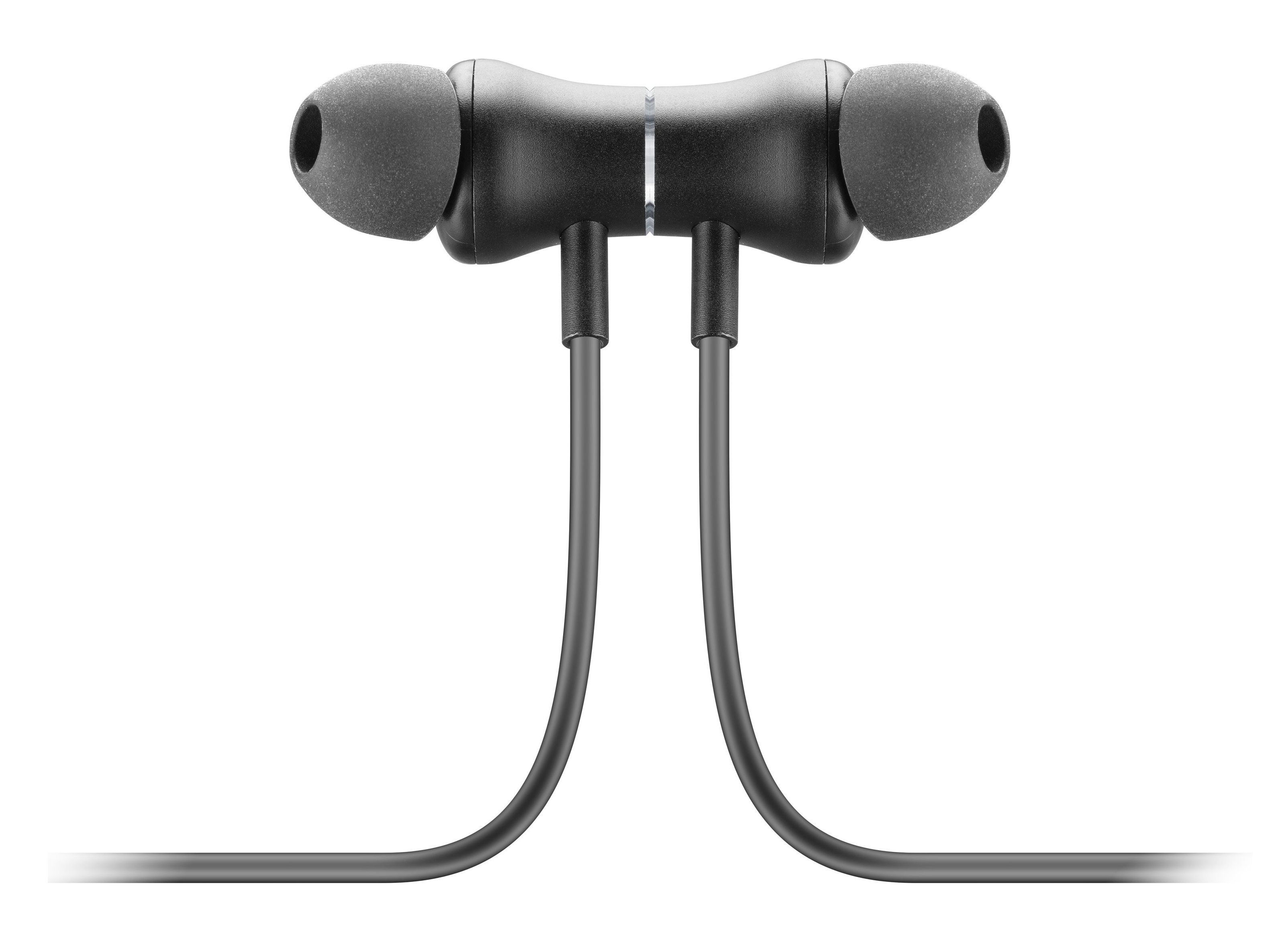 Schwarze In-Ear-Kopfhörer mit Verbindungsstück auf weißem Hintergrund.