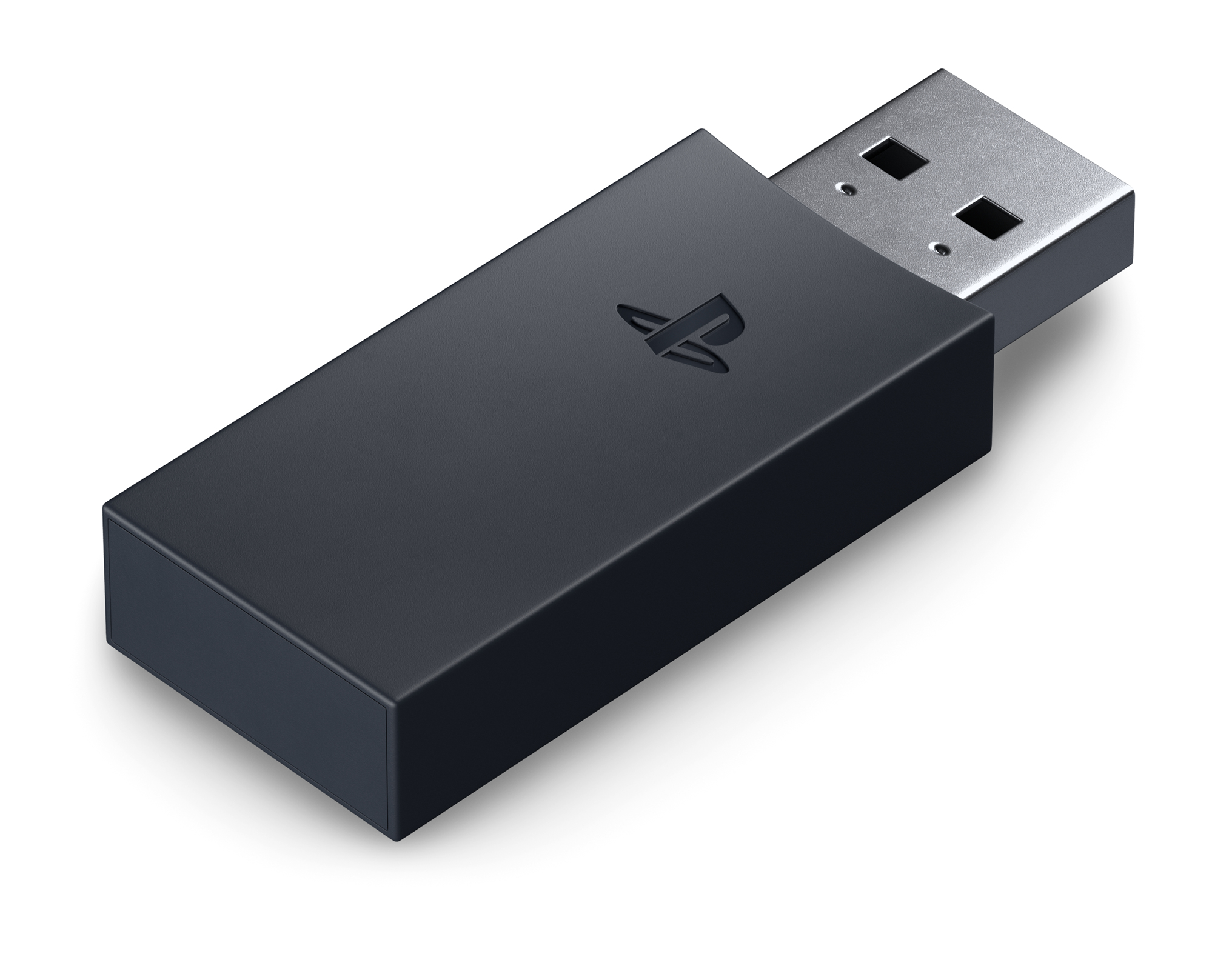 Schwarzer USB-Dongle mit PlayStation-Logo auf weißem Hintergrund.