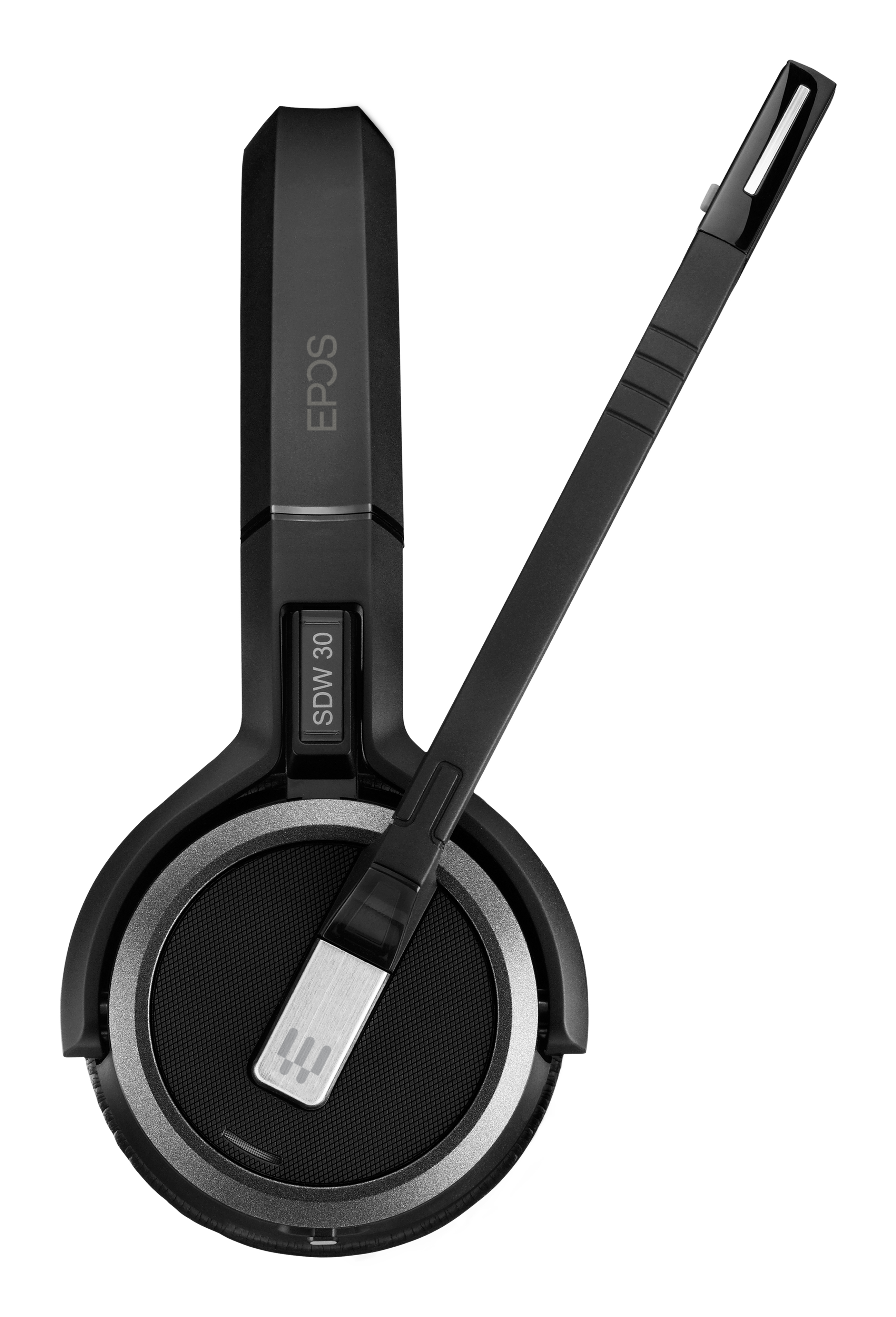 Schwarzes EPOS-Headset mit Mikrofon auf weißem Hintergrund.