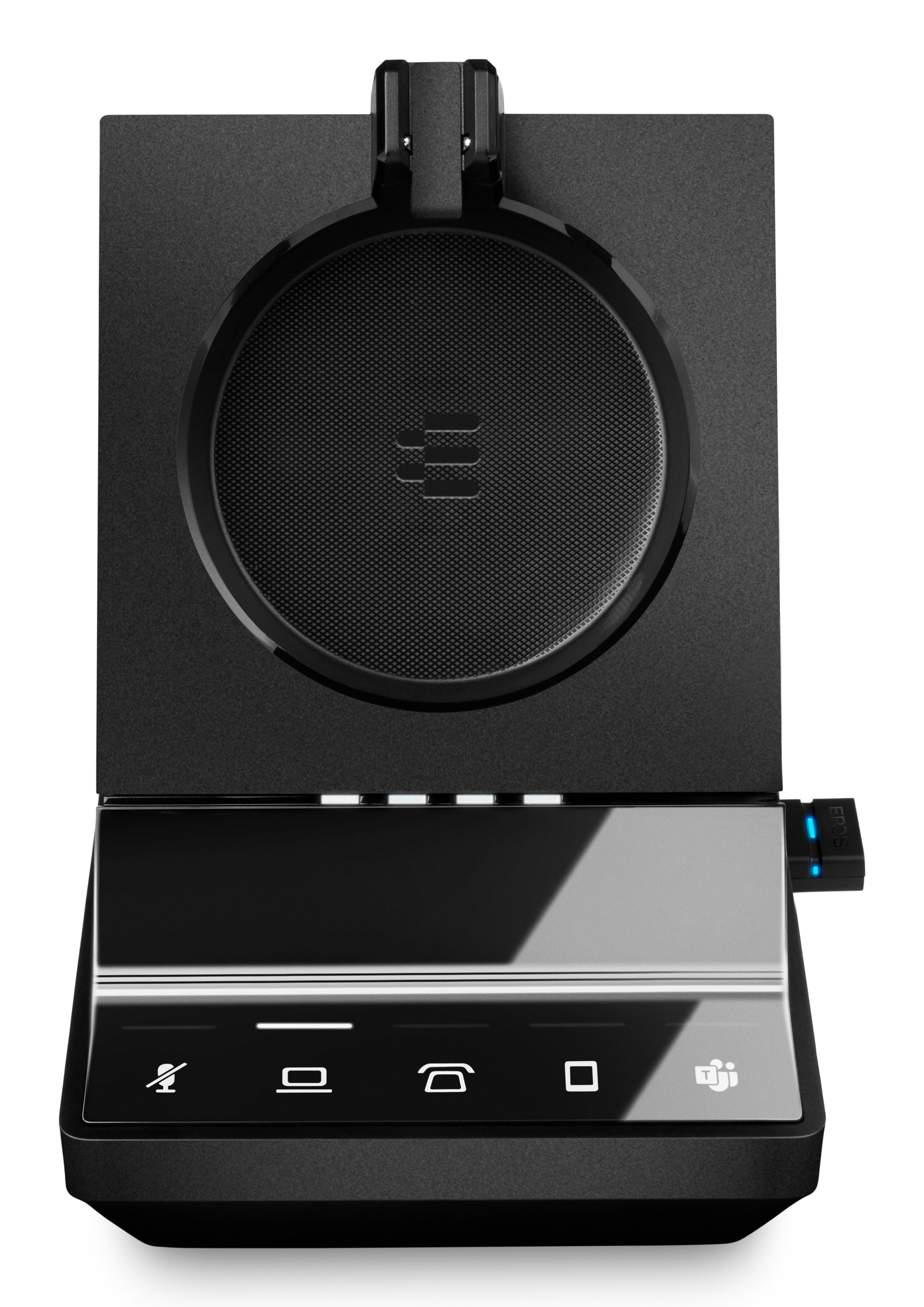 Schwarze Basis mit Bildschirm und Headset-Halterung, Draufsicht.