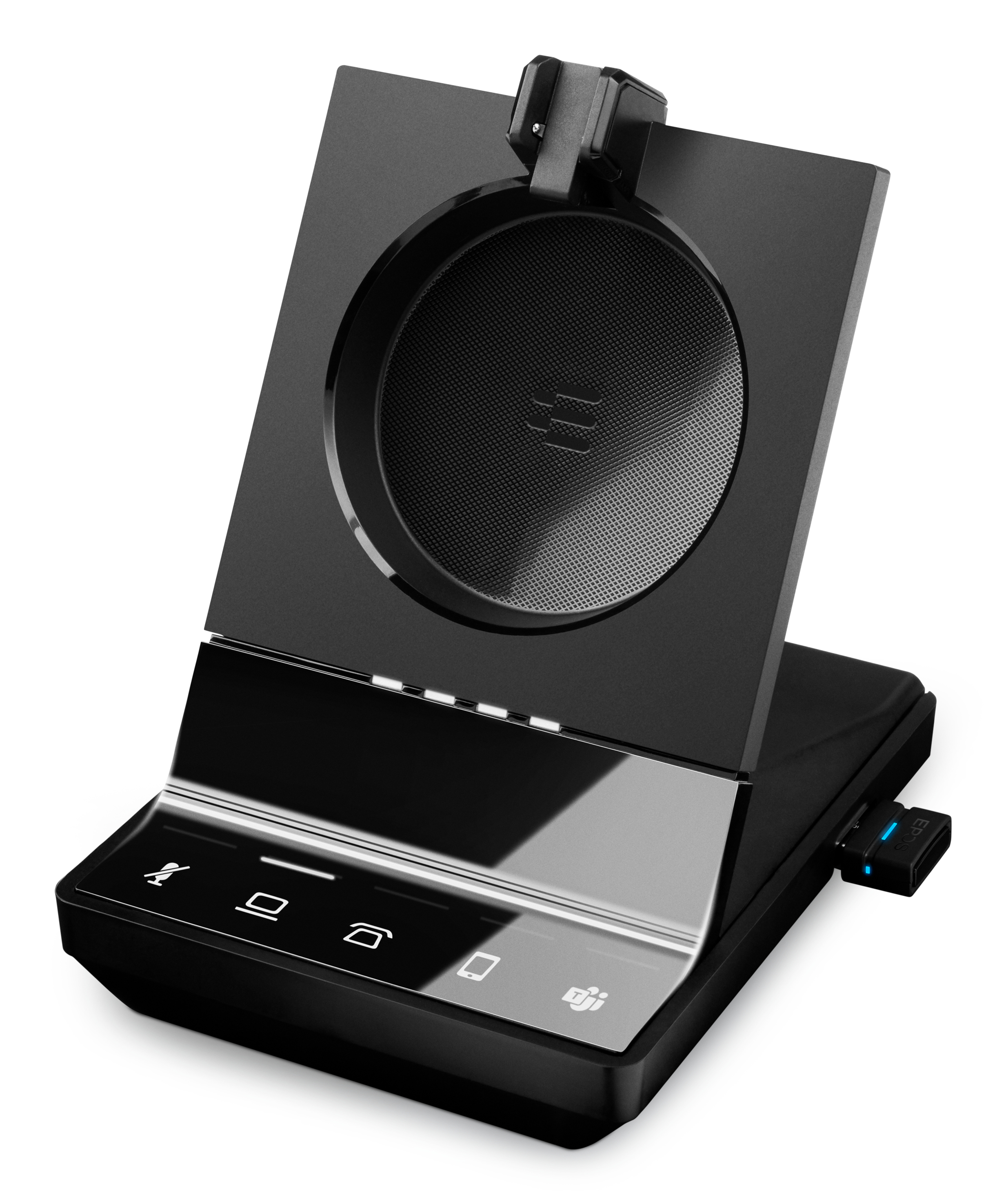 Schwarze Headset-Basis mit Bildschirm und USB-Dongle auf weißem Hintergrund.