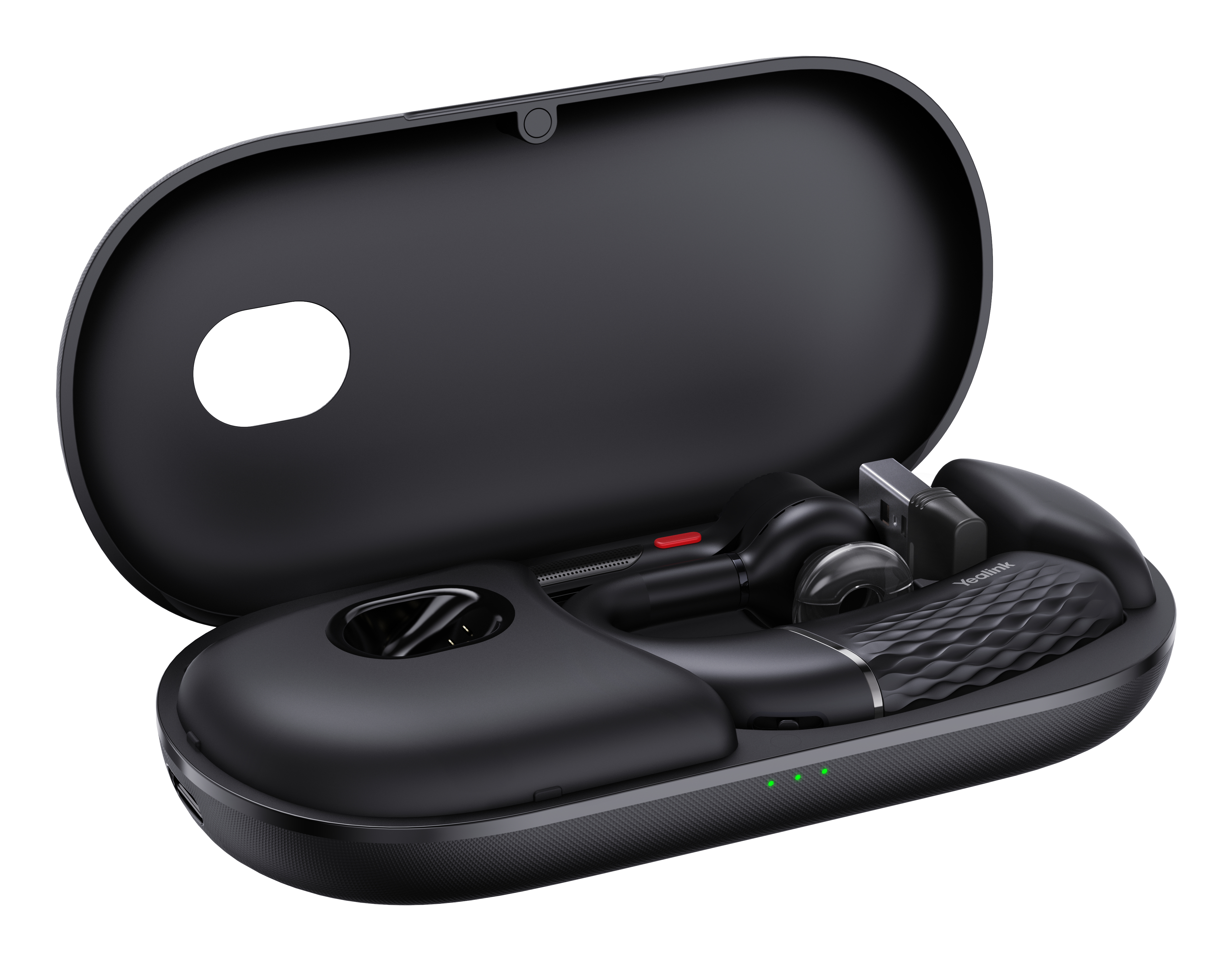 Schwarzes Headset mit Ladeetui, offen, auf weißem Hintergrund.