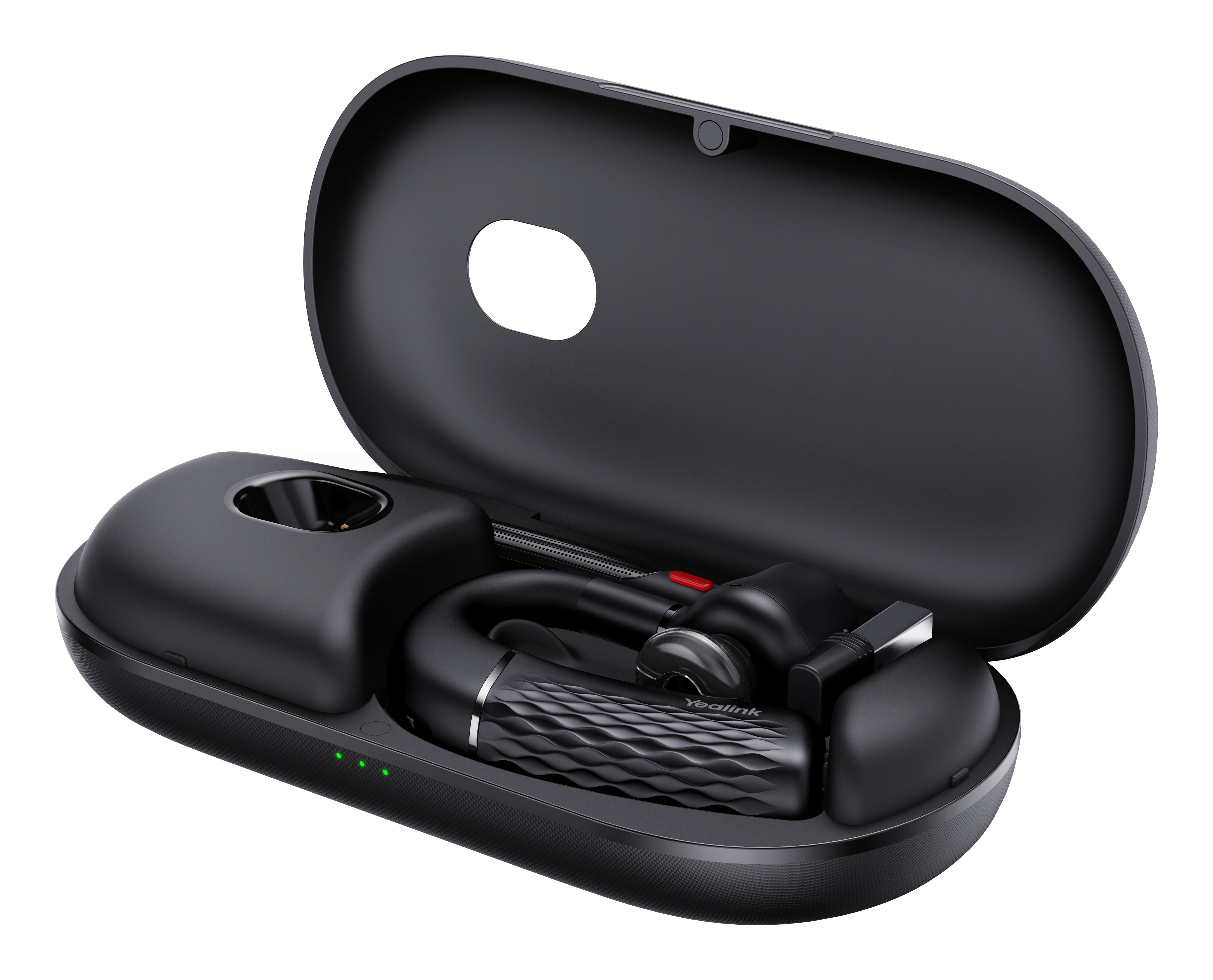 Schwarzes Headset mit Ladeetui und Basis auf weißem Hintergrund, offenes Etui.