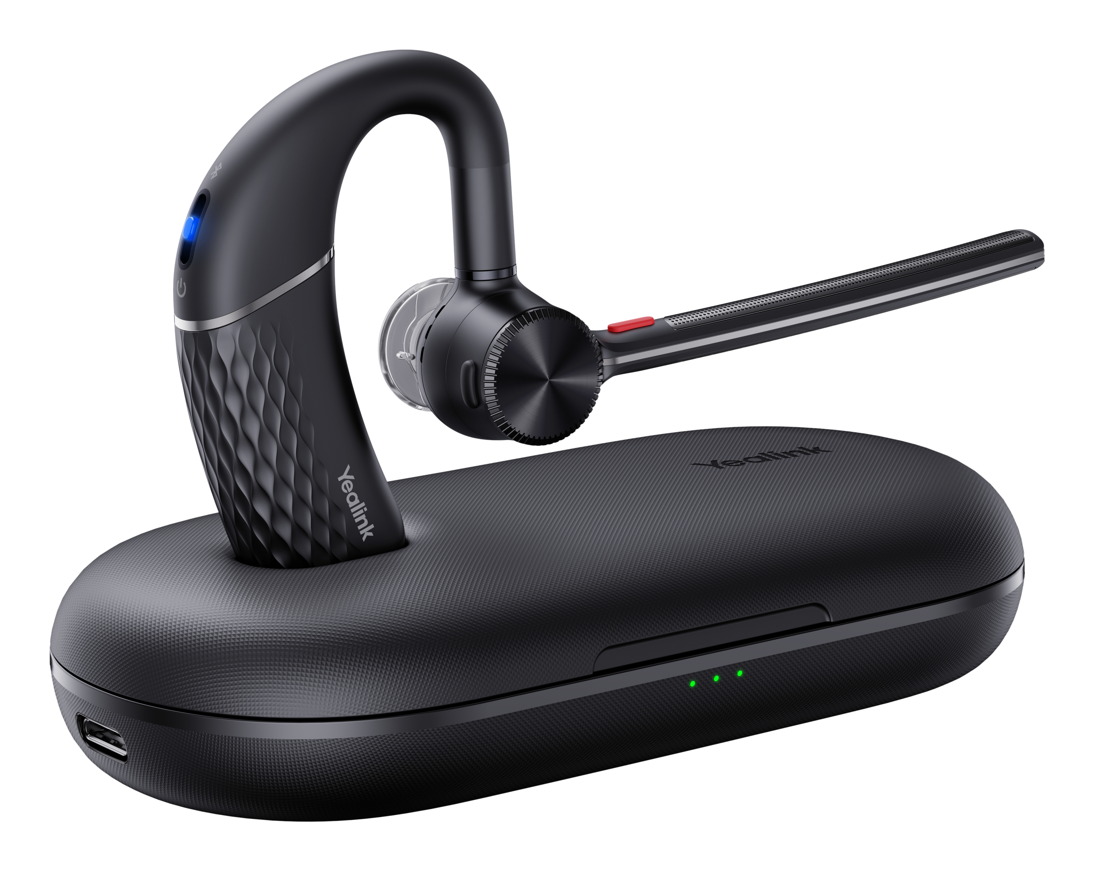 Schwarzes Yealink Bluetooth-Headset auf Ladestation. Modernes Design mit gebogenem Arm.
