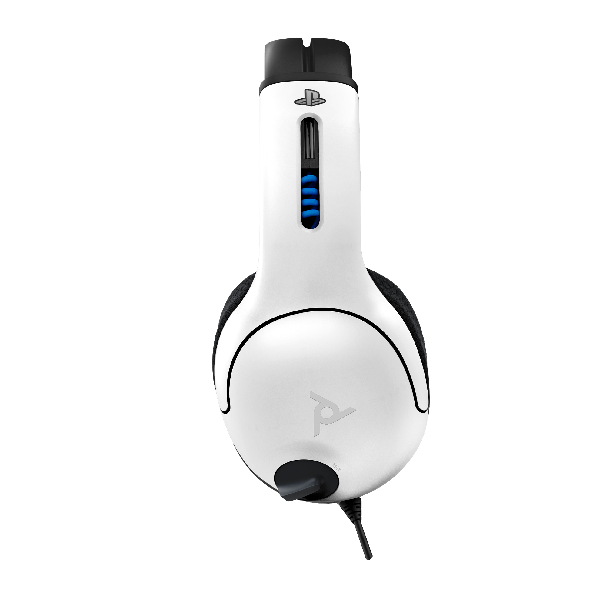 Biały zestaw słuchawkowy dla graczy z logo PlayStation. Zestaw ma czarną wyściółkę i mikrofon.