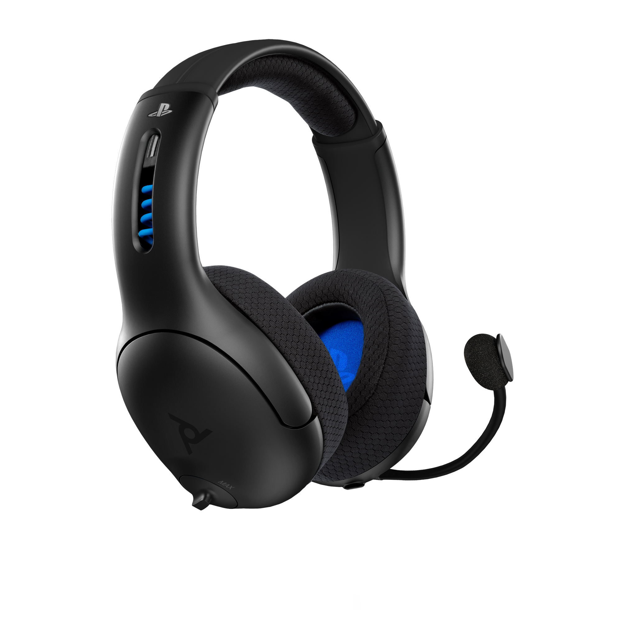 Cuffie da gioco nere con microfono. Le cuffie hanno dettagli blu e il logo PlayStation.