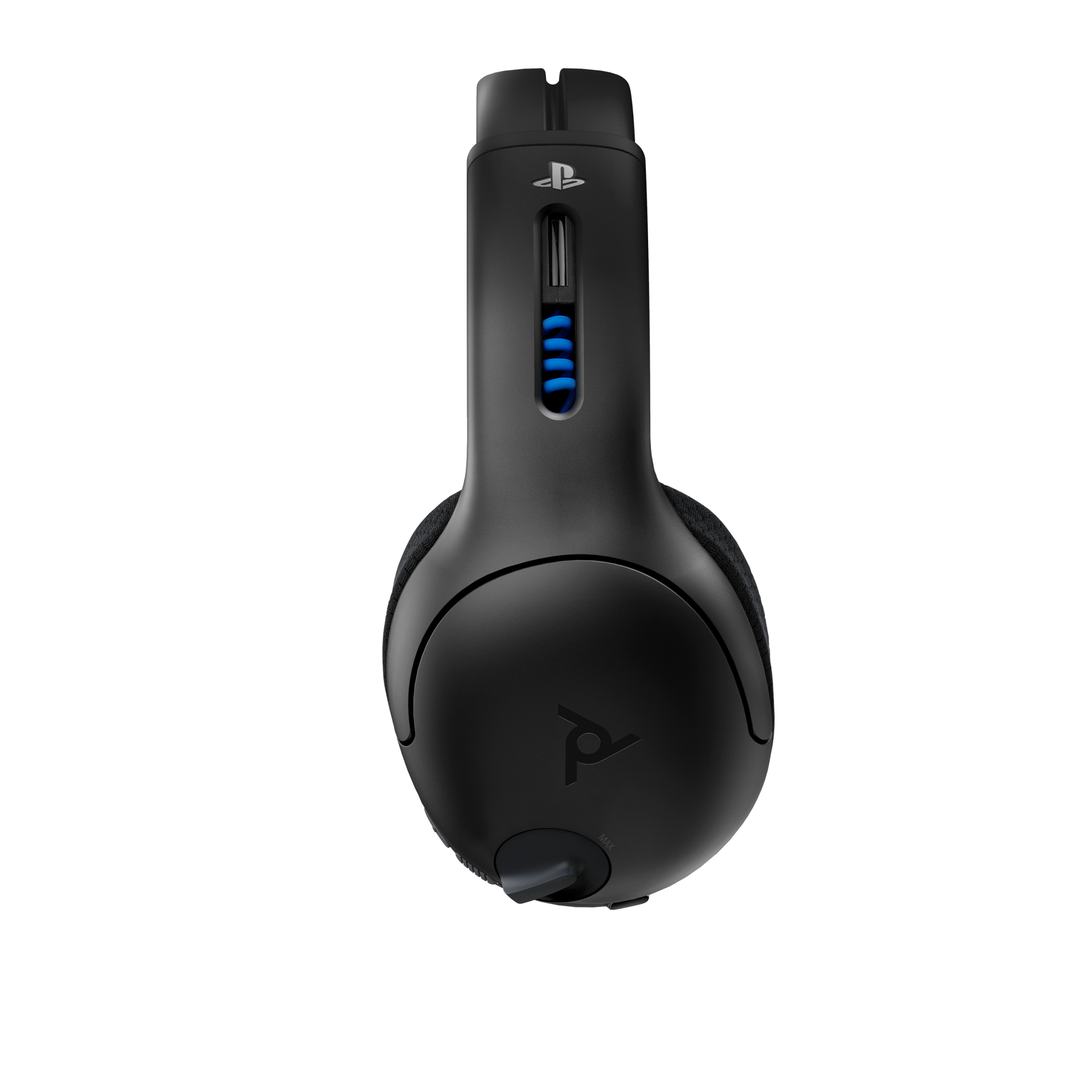 Cuffie da gioco nere con il logo PlayStation. Le cuffie hanno dettagli blu e microfono.